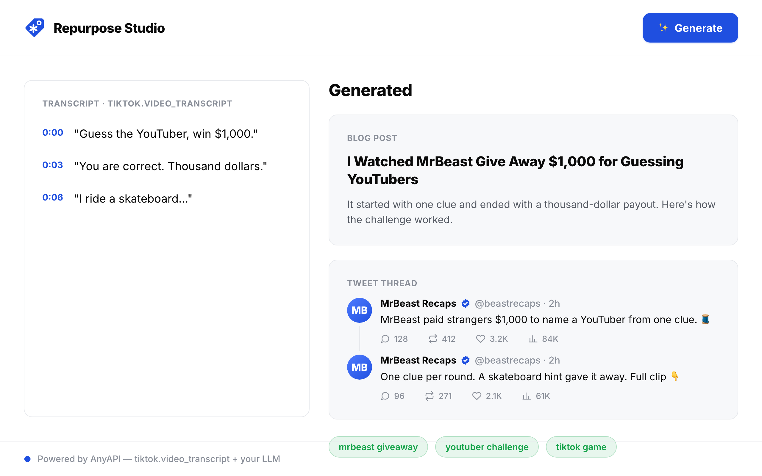 A content repurposing tool showing a TikTok transcript on the left turned into a blog post, tweet thread, summary, and SEO keywords on the right.