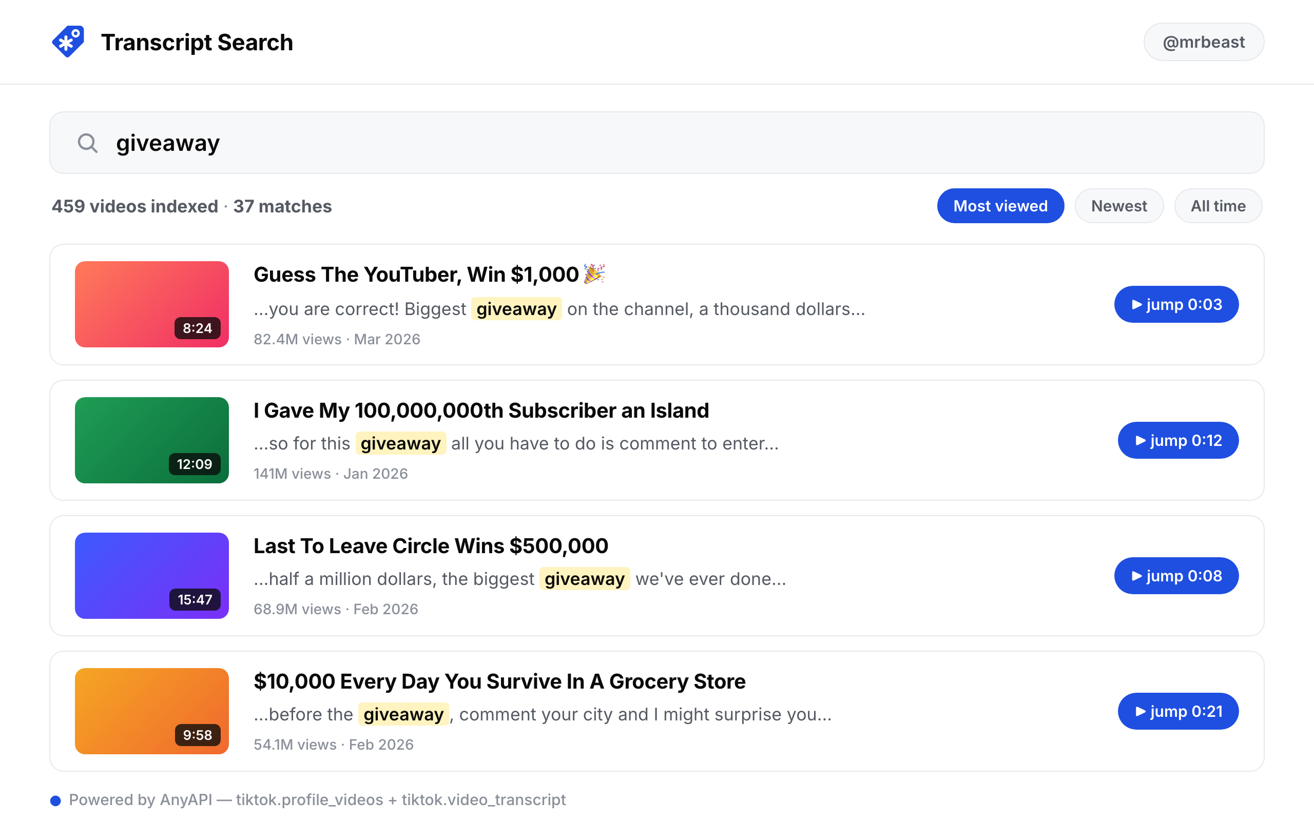 A transcript search tool showing full-text search across a creator's whole video catalog, with matched spoken words highlighted and clickable timestamps.