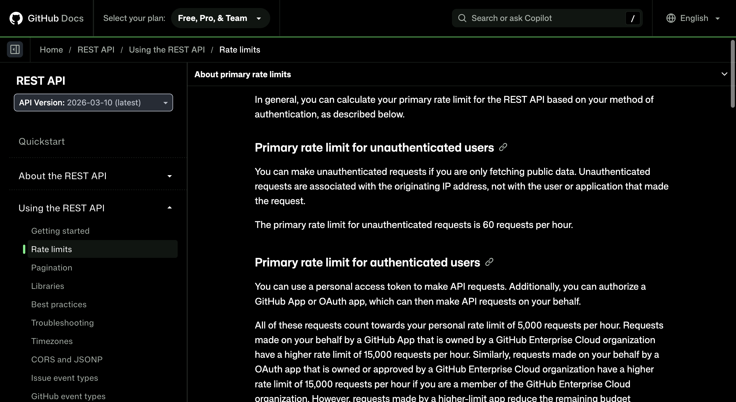 GitHub Docs, Rate limits for the REST API: unauthenticated requests are associated with the originating IP address, and the primary rate limit for unauthenticated requests is 60 requests per hour; authenticated users get 5,000 requests per hour