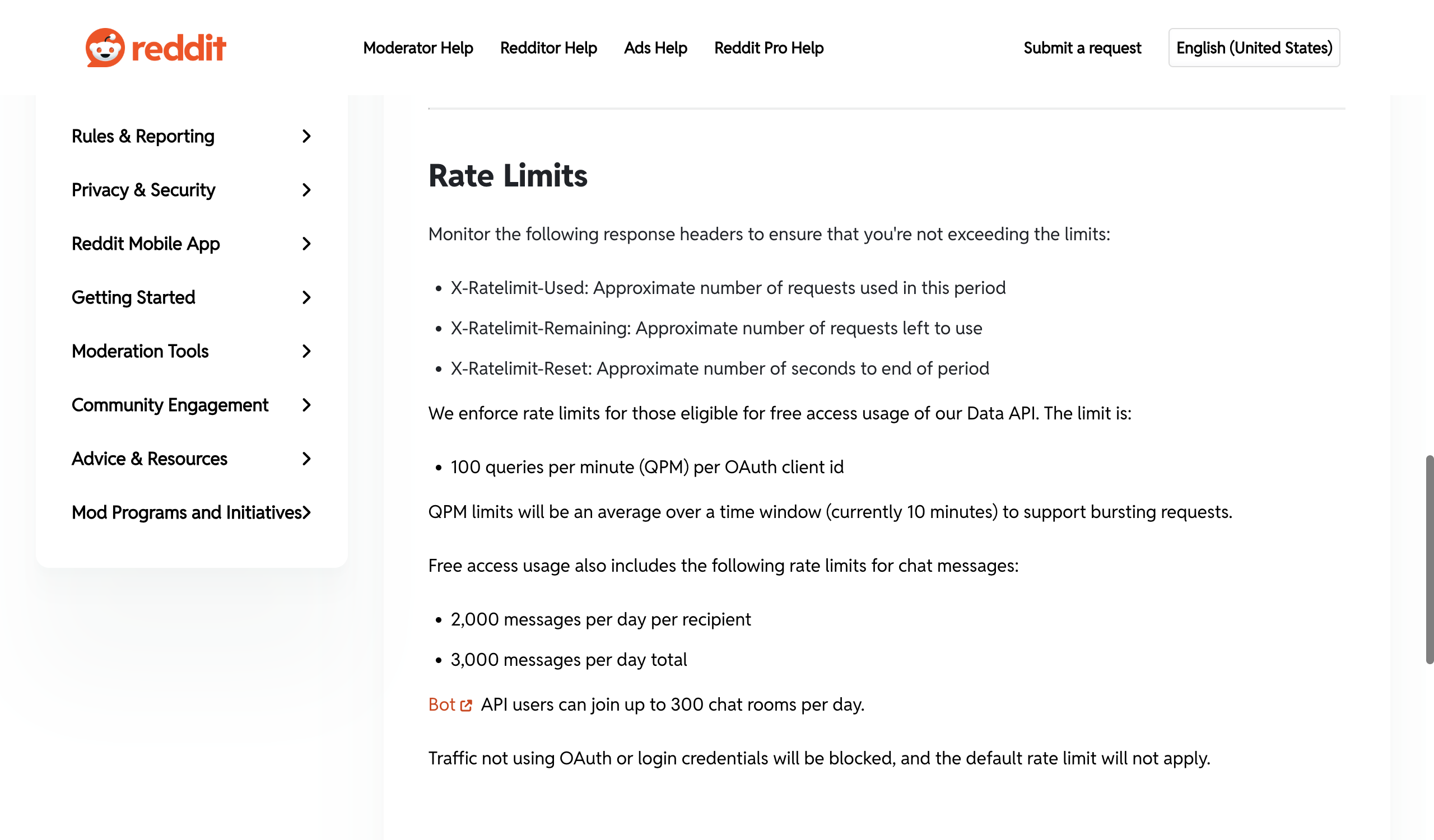 Reddit Data API Wiki, Rate Limits section: monitor X-Ratelimit-Used, X-Ratelimit-Remaining and X-Ratelimit-Reset; the free limit is 100 queries per minute per OAuth client id, averaged over a 10-minute window; traffic not using OAuth or login credentials will be blocked, and the default rate limit will not apply