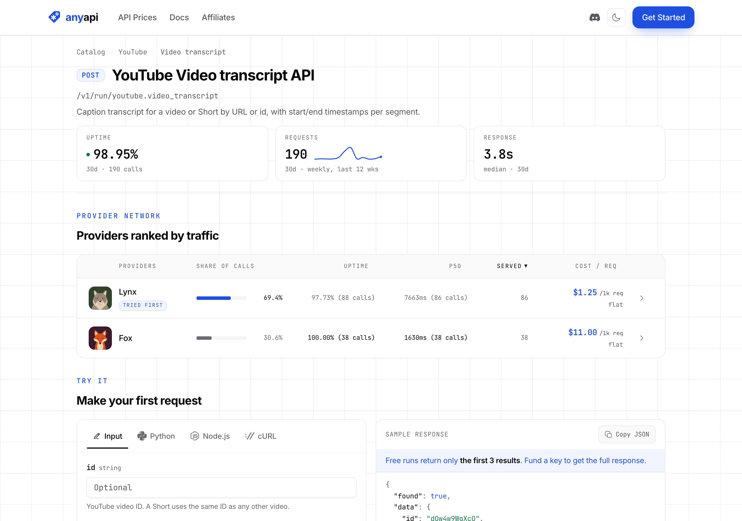 AnyAPI's YouTube transcript endpoint page: 98.95% uptime over 30 days, and a provider table with two providers at $1.25 and $11.00 per 1,000 requests, the cheap one tried first.