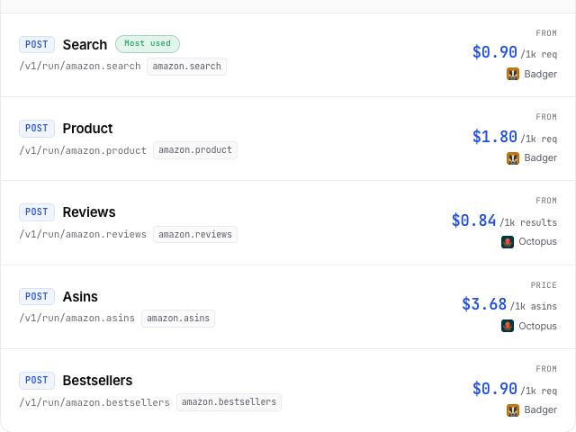 The live AnyAPI Amazon page showing endpoint names, slugs, and USD prices for search, product, reviews, ASINs, and bestsellers.