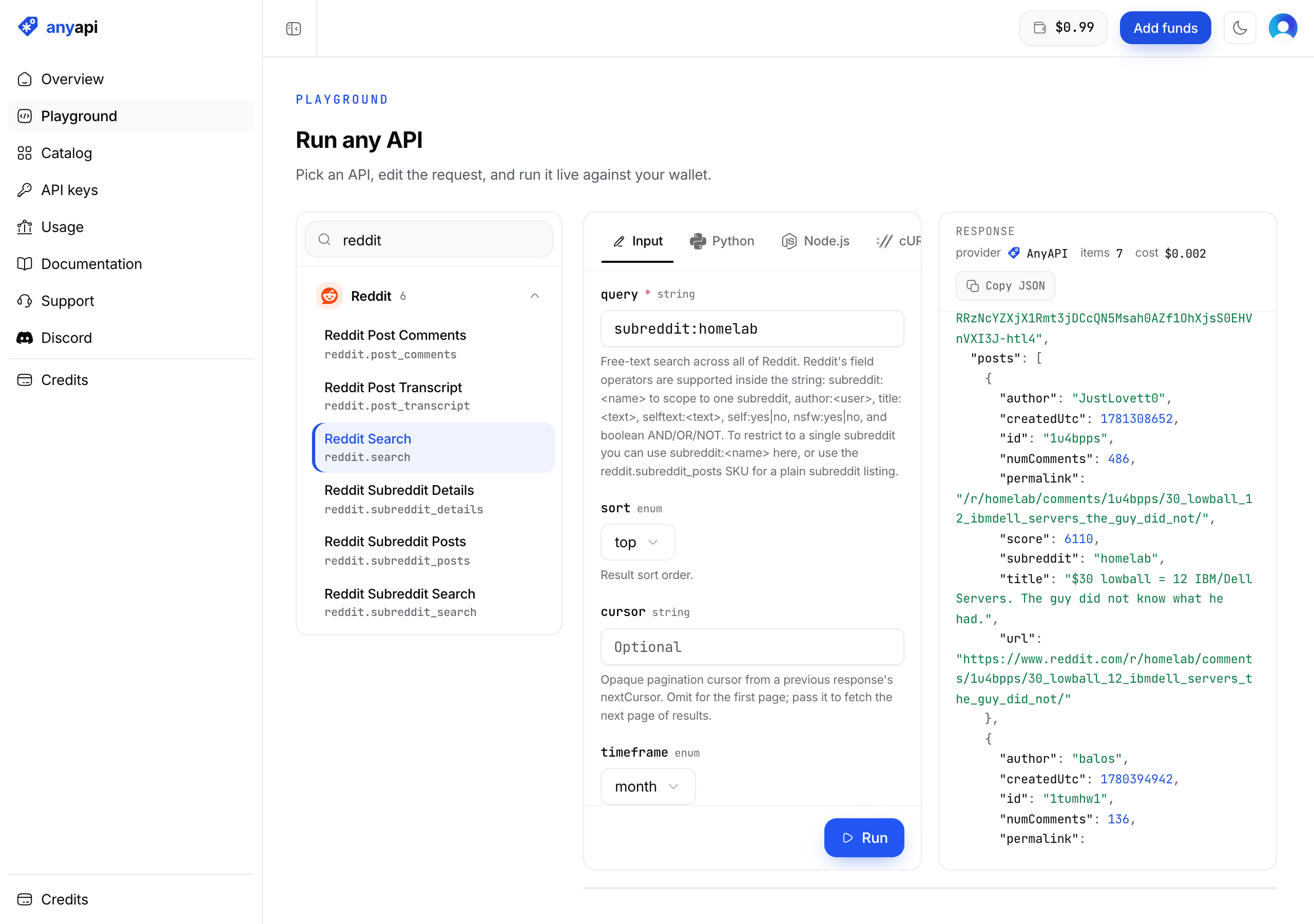 The AnyAPI dashboard playground running reddit.search against r/homelab, showing the normalized JSON response and the $0.002 cost