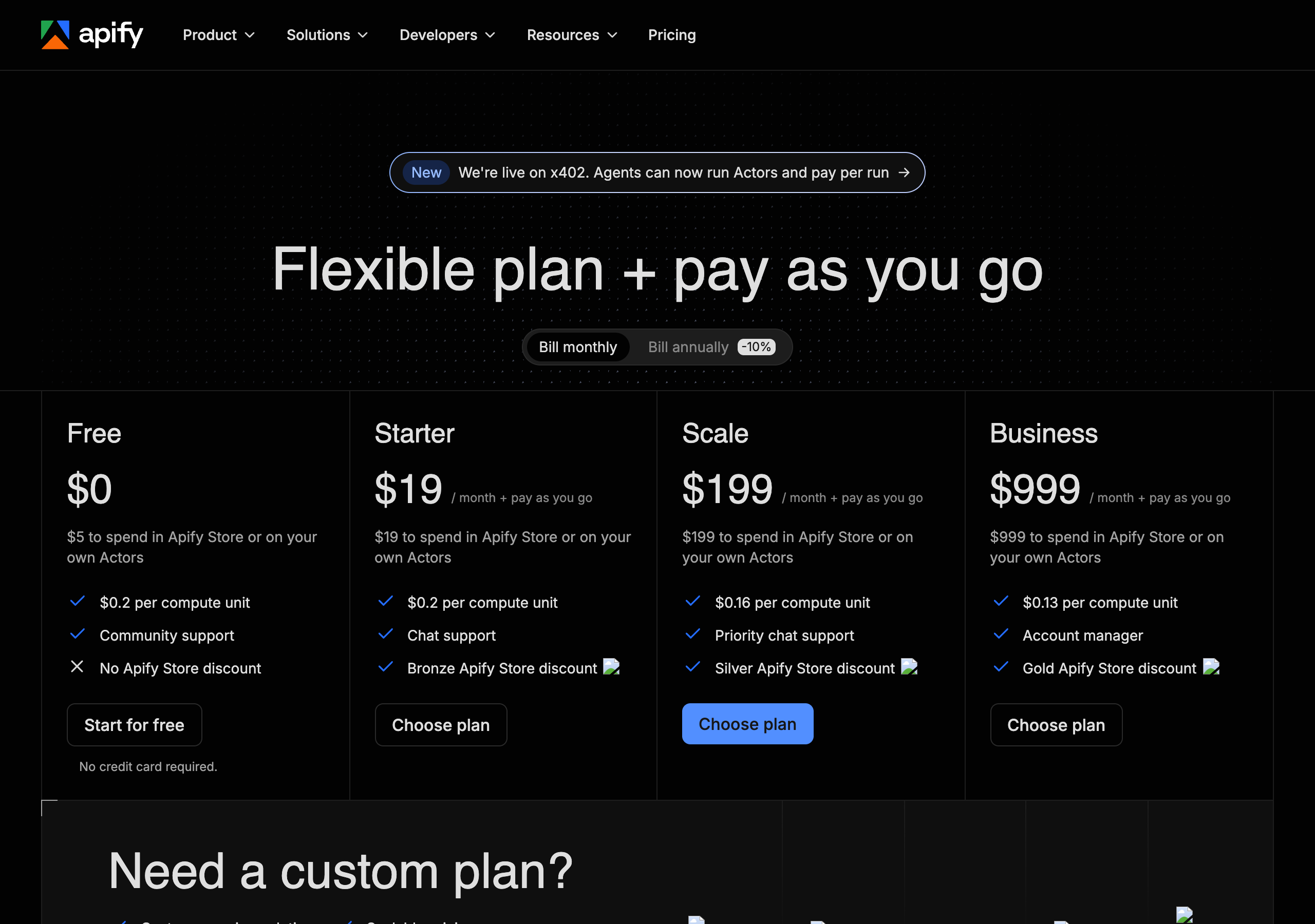 Apify's pricing page in September 2026: Free $0 with $5 of usage, Starter $19 a month, Scale $199, Business $999, with compute units at $0.20, $0.20, $0.16 and $0.13.
