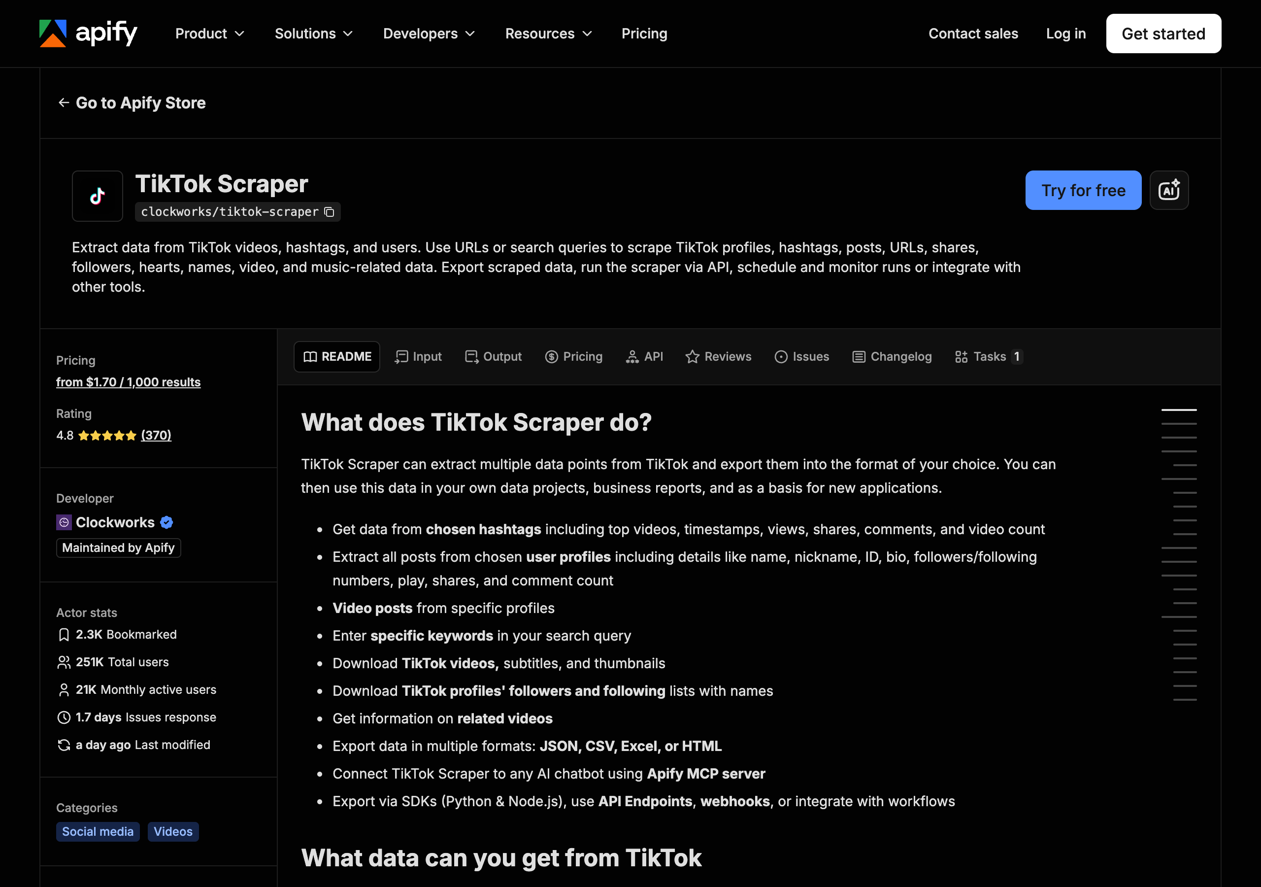 The TikTok Scraper Actor page on Apify, priced from $1.70 per 1,000 results, rated 4.8 by 370 users, 251K total users, maintained by Apify.