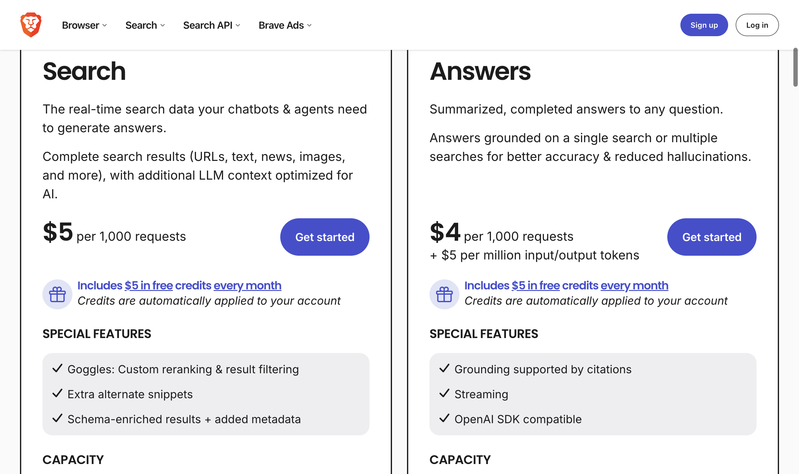 Brave Search API plans on October 2, 2026: Search at $5 per 1,000 requests and Answers at $4 per 1,000 requests plus $5 per million input and output tokens, each with $5 in free credits every month.