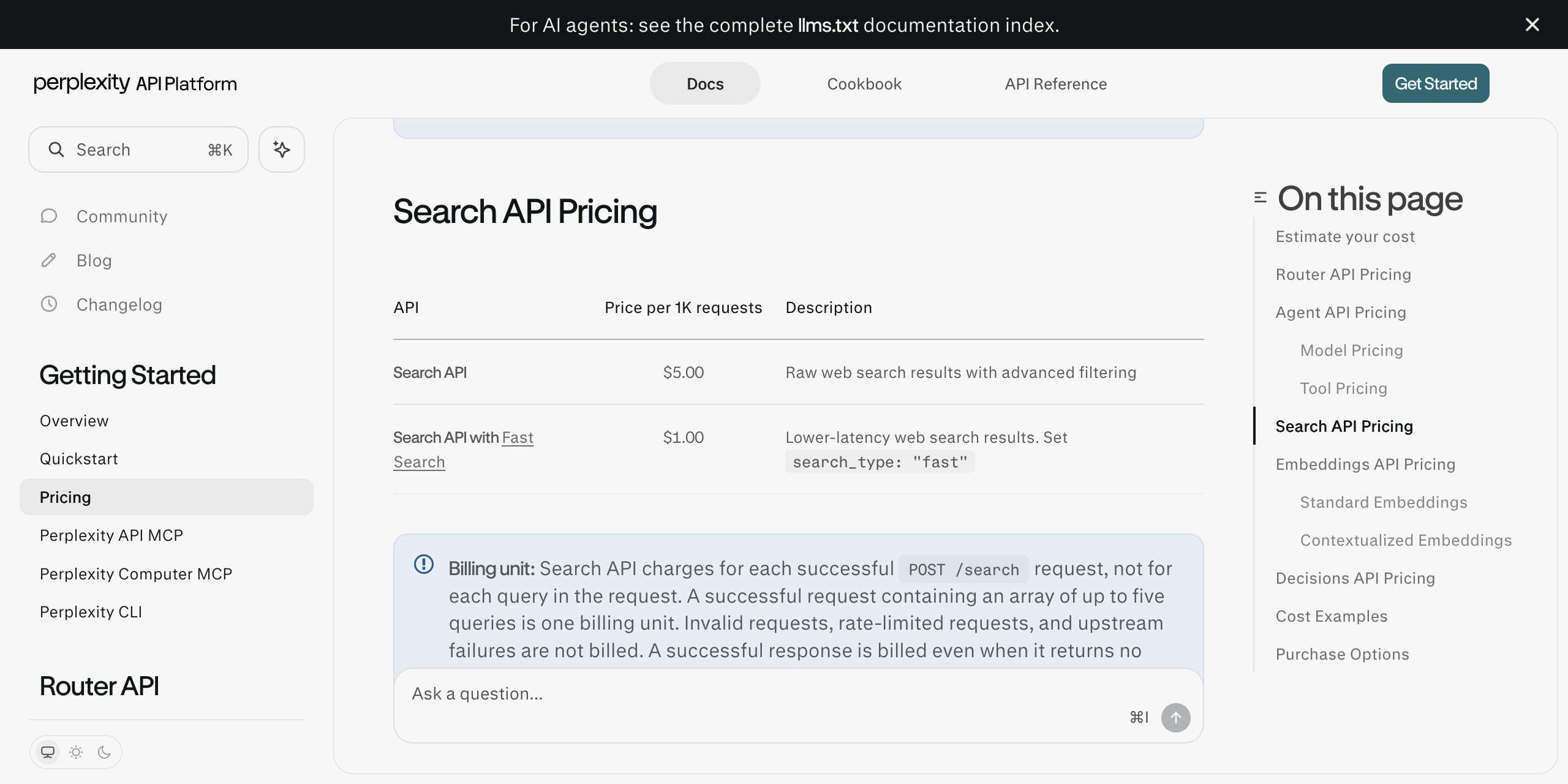 Perplexity's Search API pricing on October 2, 2026: Search API $5.00 per 1,000 requests, Search API with Fast Search $1.00 per 1,000; each successful request is billed once even with up to five queries.