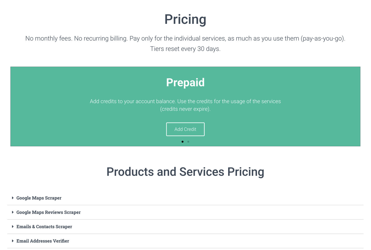 Outscraper's pricing page in September 2026: 'No monthly fees. No recurring billing. Pay only for the individual services, as much as you use them (pay-as-you-go). Tiers reset every 30 days.' Below it, a Prepaid panel reads 'Add credits to your account balance. Use the credits for the usage of the services (credits never expire).'