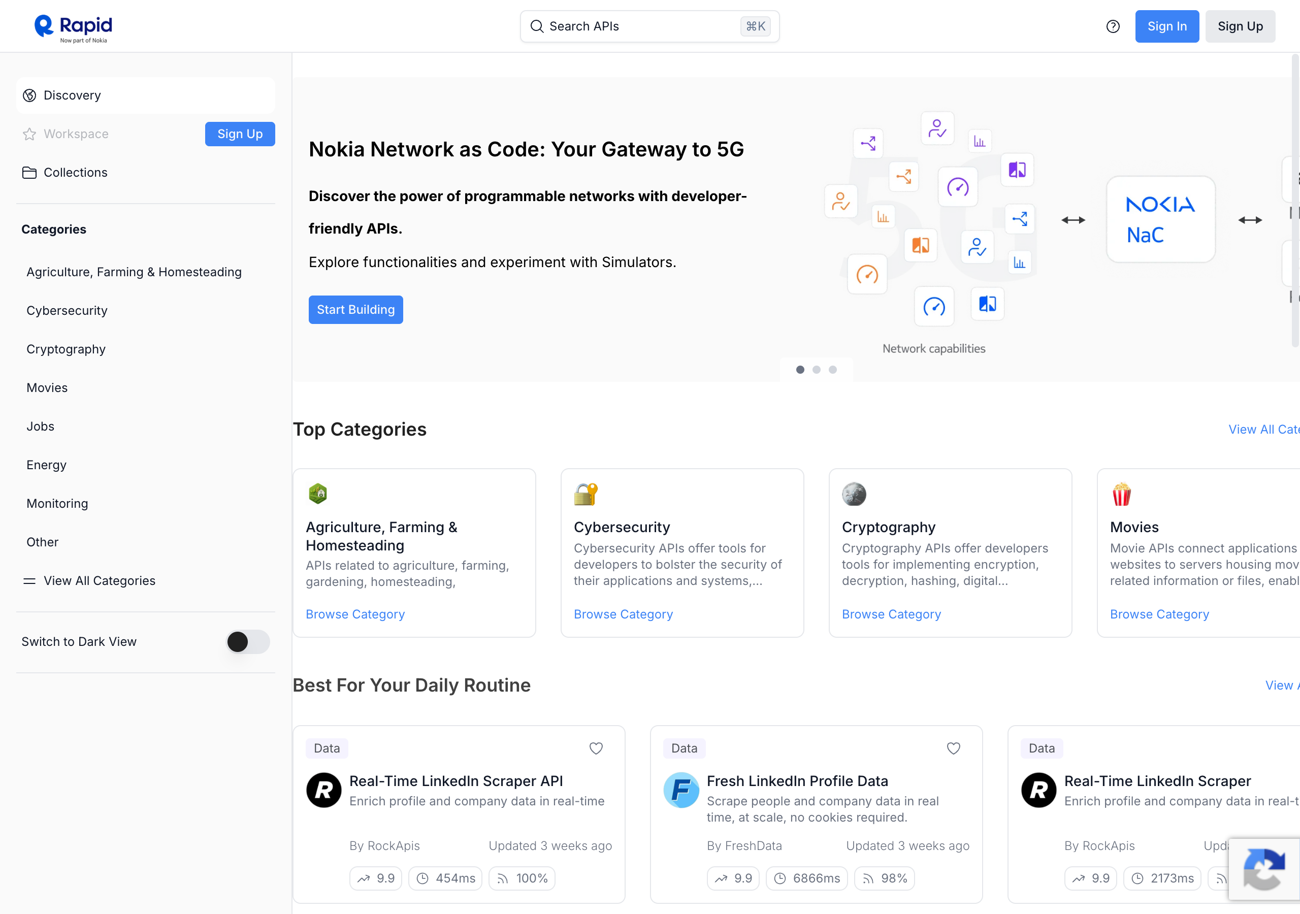 The RapidAPI hub in September 2026, logo reading Rapid, now part of Nokia, with a hero banner for Nokia Network as Code and third-party LinkedIn scraper listings below it.
