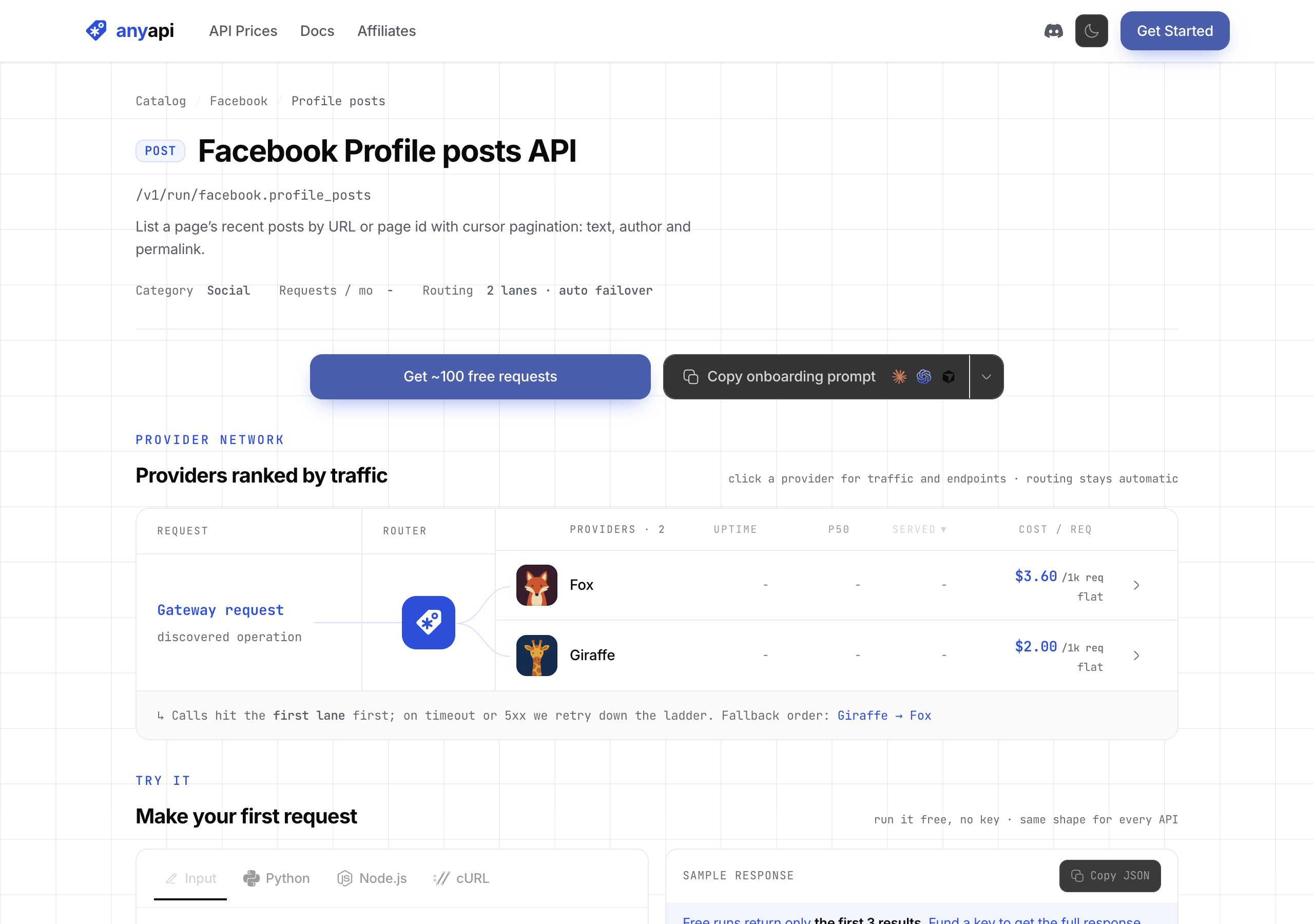 AnyAPI facebook.profile_posts endpoint page: a page's recent posts by URL or page id with cursor pagination, priced at $2.00 per 1,000 requests