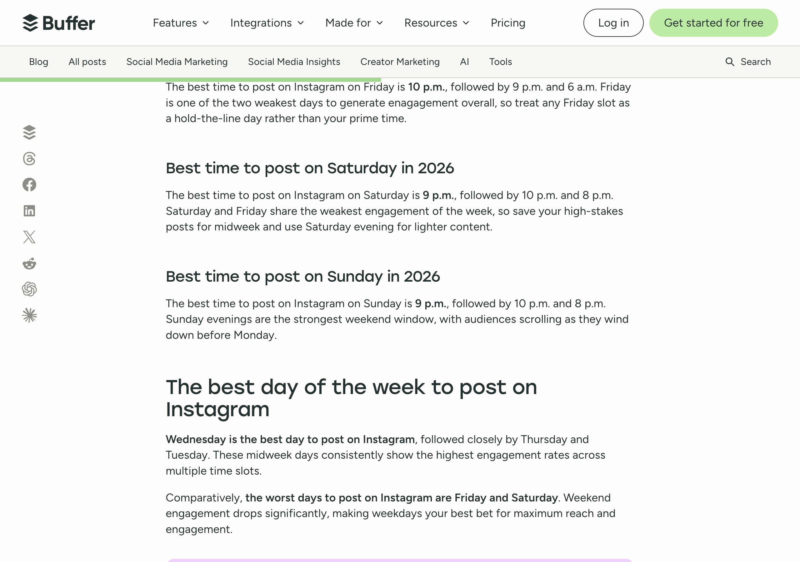 Buffer's Instagram timing article, section Best time to post on Saturday in 2026: the best time to post on Instagram on Saturday is 9 p.m., followed by 10 p.m. and 8 p.m.; Saturday and Friday share the weakest engagement of the week, so save your high-stakes posts for midweek and use Saturday evening for lighter content. Further down: the worst days to post on Instagram are Friday and Saturday.