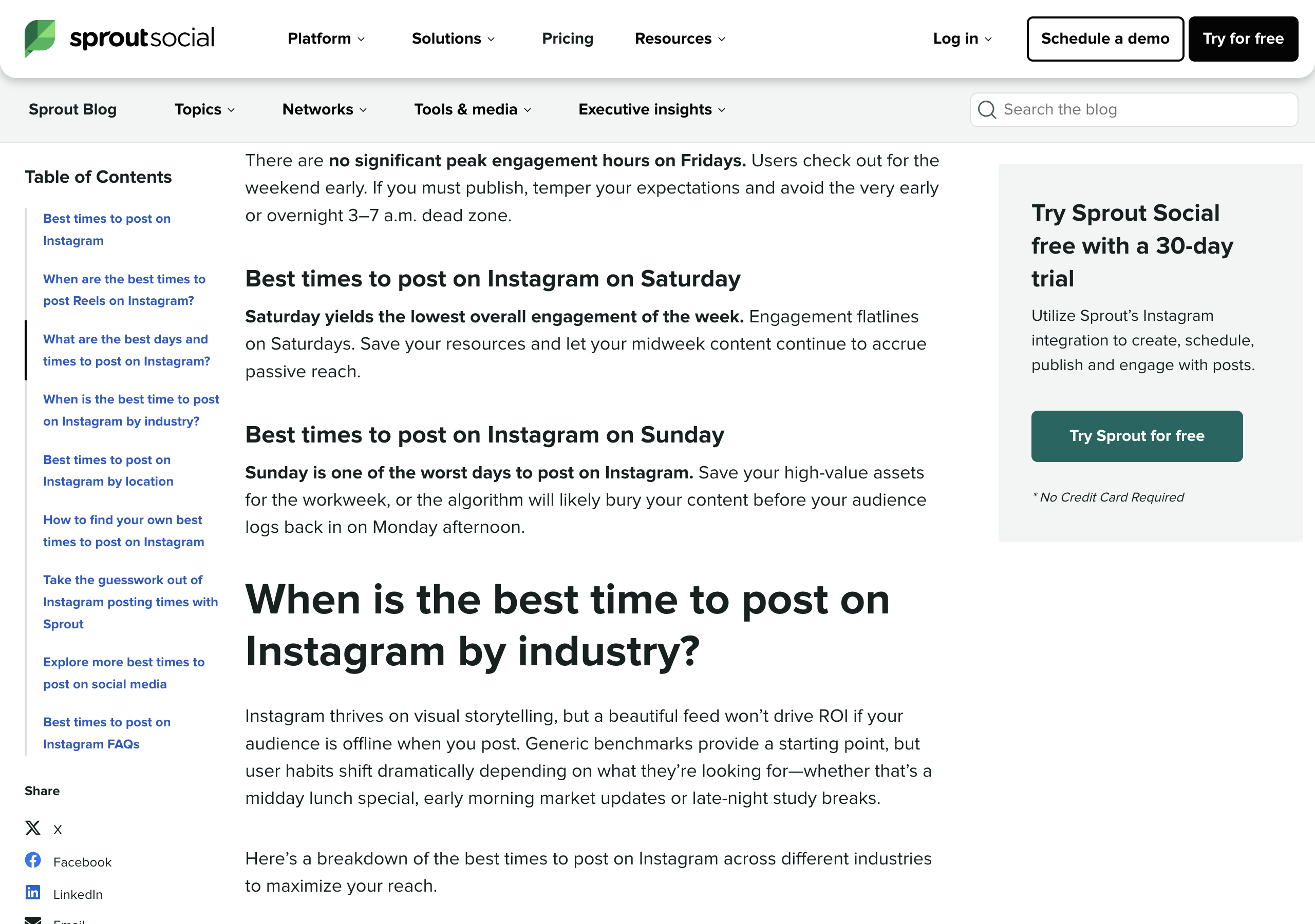 Sprout Social's Instagram timing article, section Best times to post on Instagram on Saturday: Saturday yields the lowest overall engagement of the week; engagement flatlines on Saturdays; save your resources and let your midweek content continue to accrue passive reach.