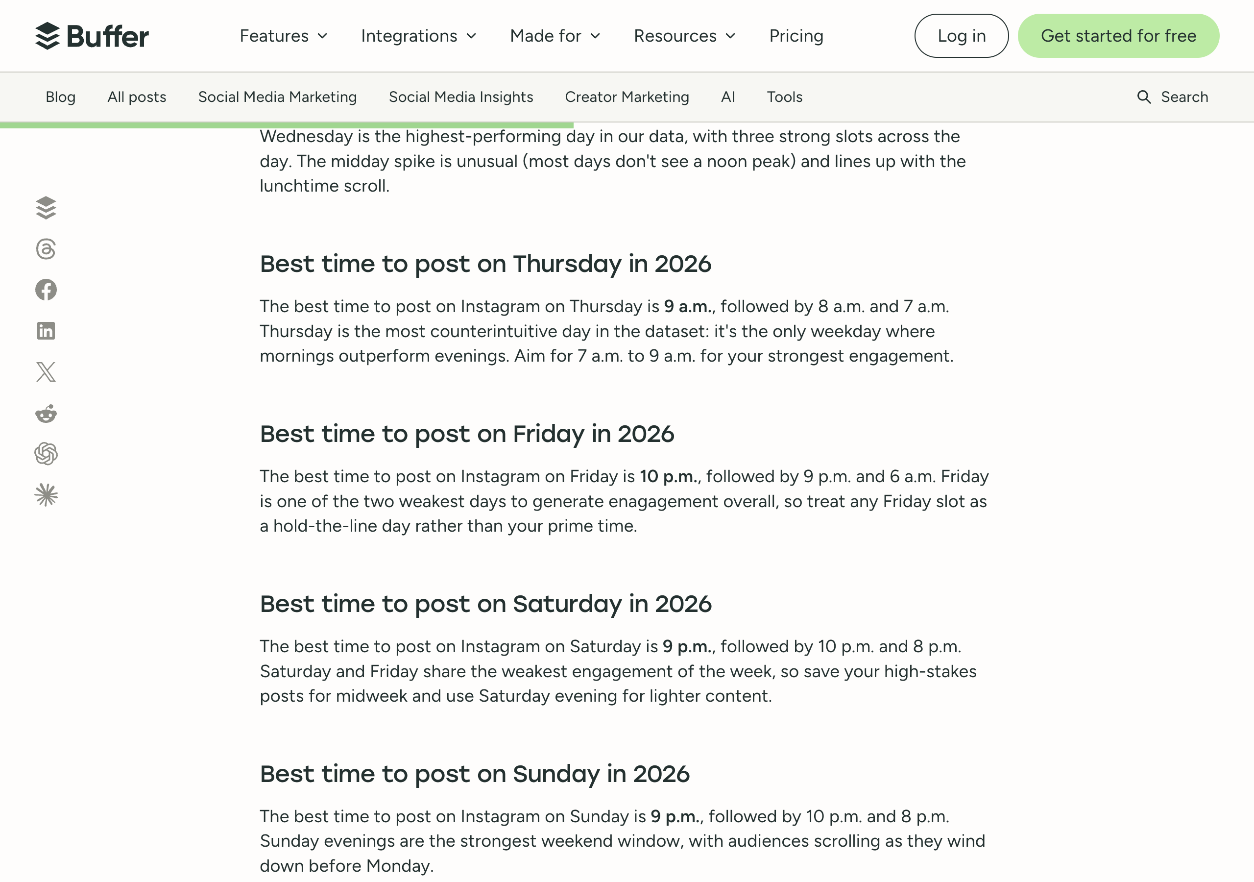 Buffer's Instagram timing article, section Best time to post on Thursday in 2026: the best time to post on Instagram on Thursday is 9 a.m., followed by 8 a.m. and 7 a.m.; Thursday is the most counterintuitive day in the dataset, the only weekday where mornings outperform evenings; aim for 7 a.m. to 9 a.m. for your strongest engagement.