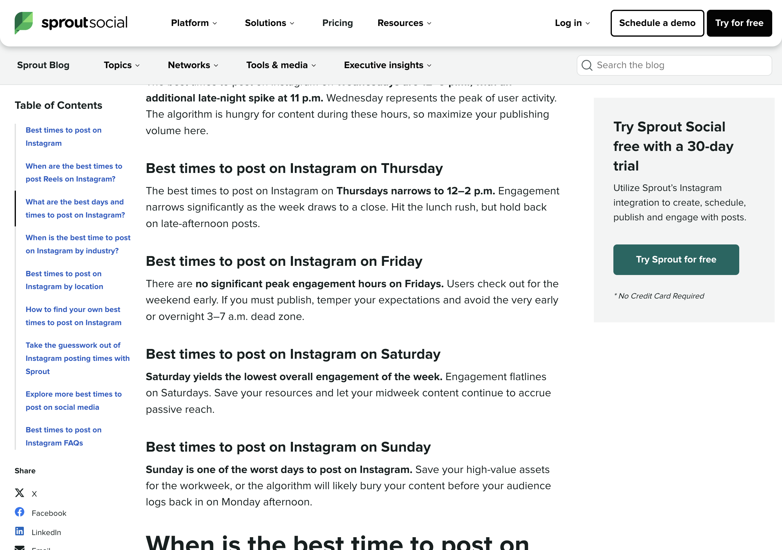 Sprout Social's Instagram timing article, section Best times to post on Instagram on Thursday: the best times to post on Instagram on Thursdays narrows to 12 to 2 p.m.; engagement narrows significantly as the week draws to a close; hit the lunch rush, but hold back on late-afternoon posts.