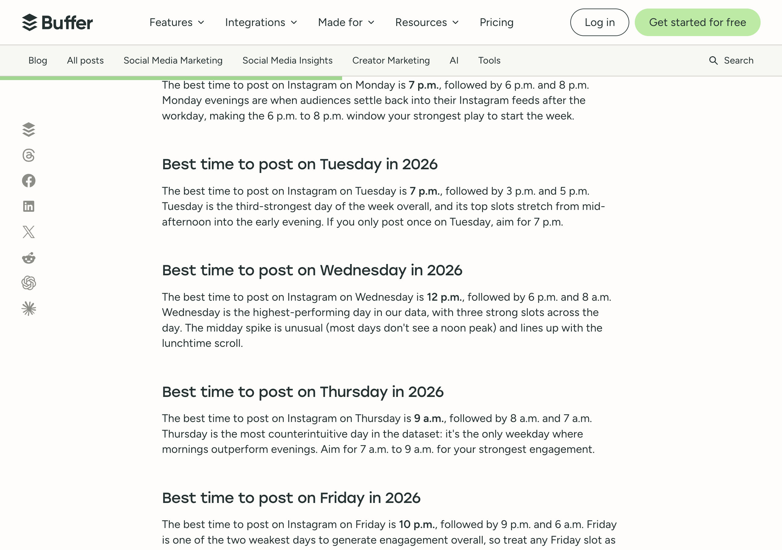 Buffer's Instagram timing article, section Best time to post on Tuesday in 2026: the best time to post on Instagram on Tuesday is 7 p.m., followed by 3 p.m. and 5 p.m.; Tuesday is the third-strongest day of the week overall, and its top slots stretch from mid-afternoon into the early evening; if you only post once on Tuesday, aim for 7 p.m.