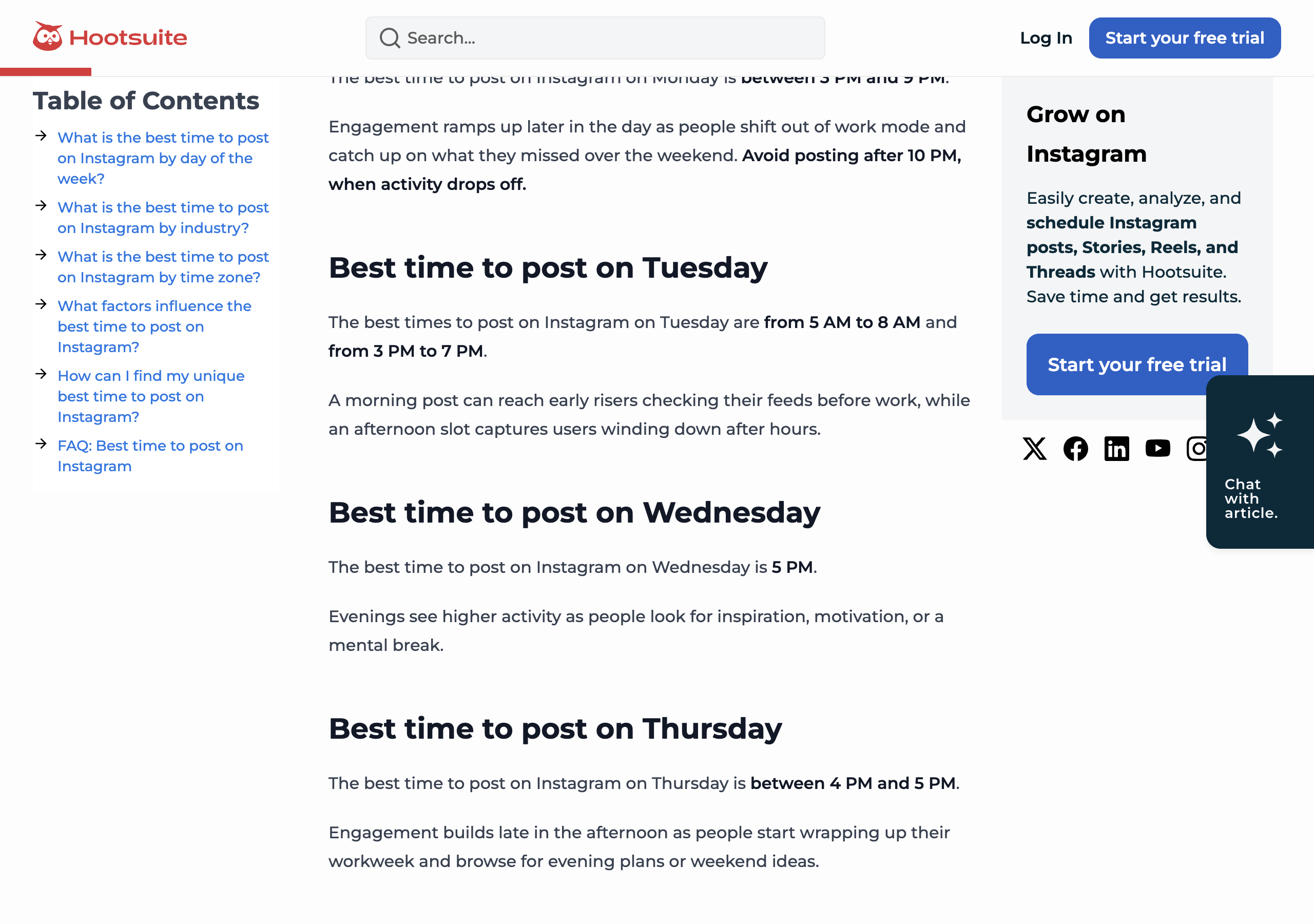 Hootsuite's Instagram timing article, section Best time to post on Tuesday: the best times to post on Instagram on Tuesday are from 5 AM to 8 AM and from 3 PM to 7 PM; a morning post can reach early risers checking their feeds before work, while an afternoon slot captures users winding down after hours.