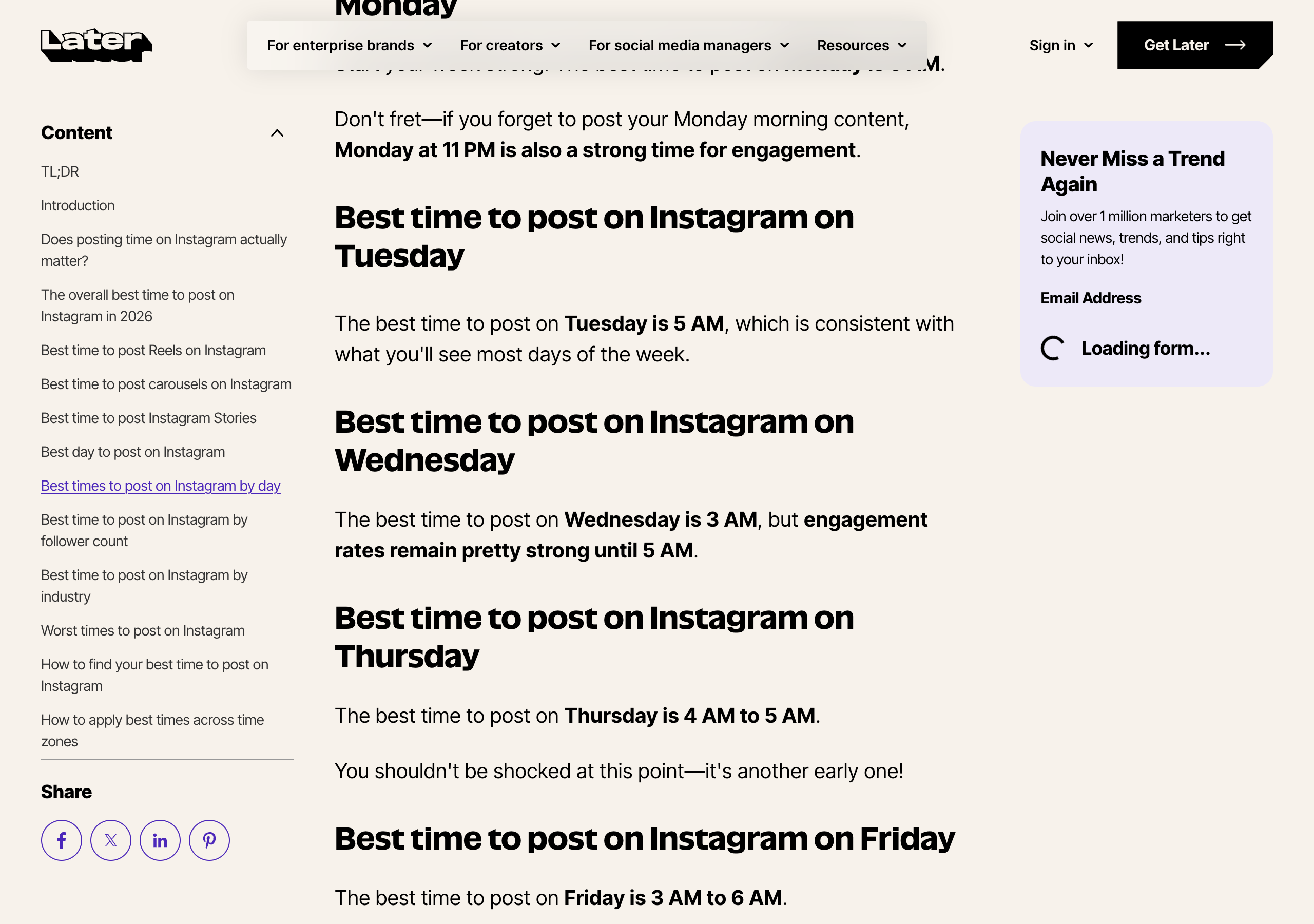 Later's Instagram timing article, section Best time to post on Instagram on Tuesday: the best time to post on Tuesday is 5 AM, which is consistent with what you'll see most days of the week. Below it, Wednesday is 3 AM and Thursday is 4 AM to 5 AM.