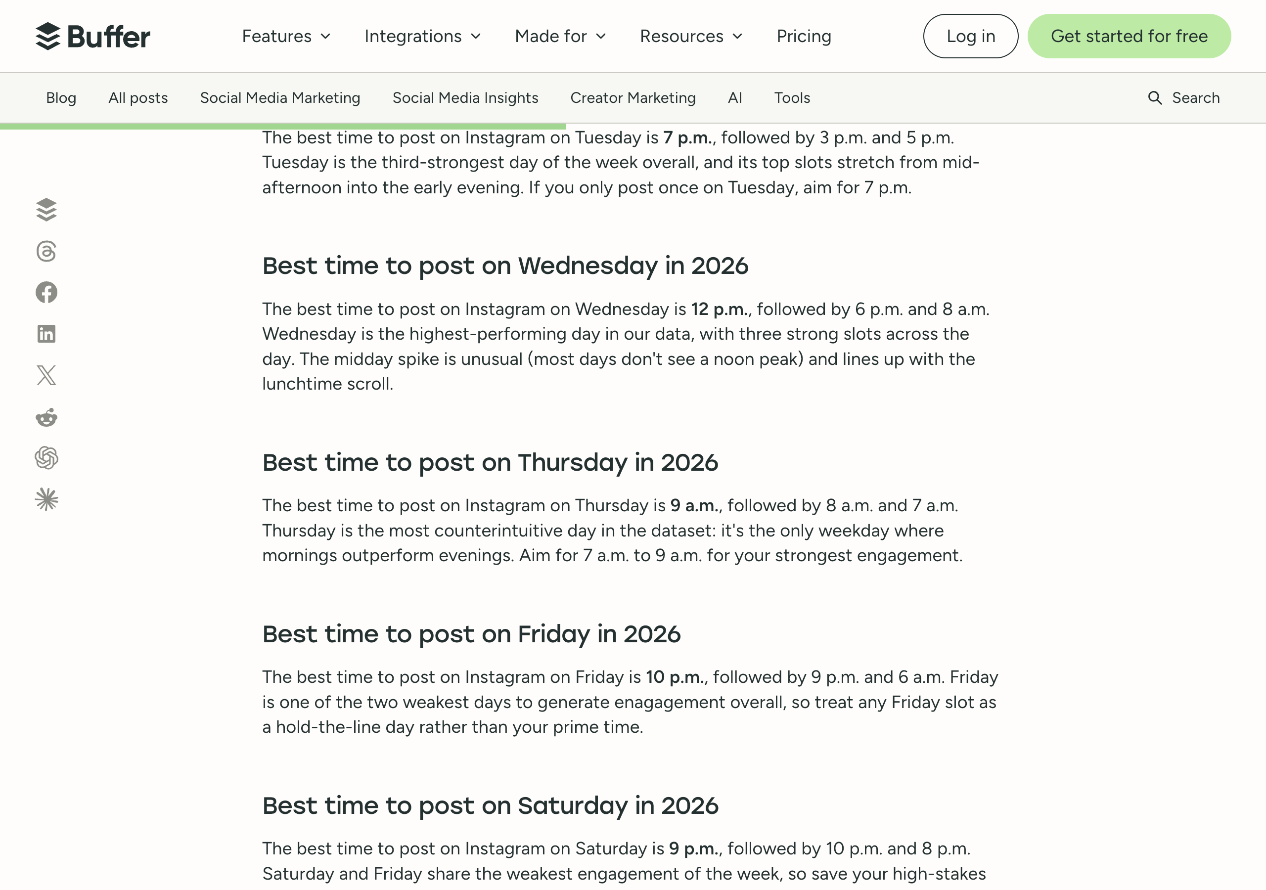 Buffer's Instagram timing article, section Best time to post on Wednesday in 2026: the best time to post on Instagram on Wednesday is 12 p.m., followed by 6 p.m. and 8 a.m.; Wednesday is the highest-performing day in our data, with three strong slots across the day; the midday spike is unusual (most days don't see a noon peak) and lines up with the lunchtime scroll.