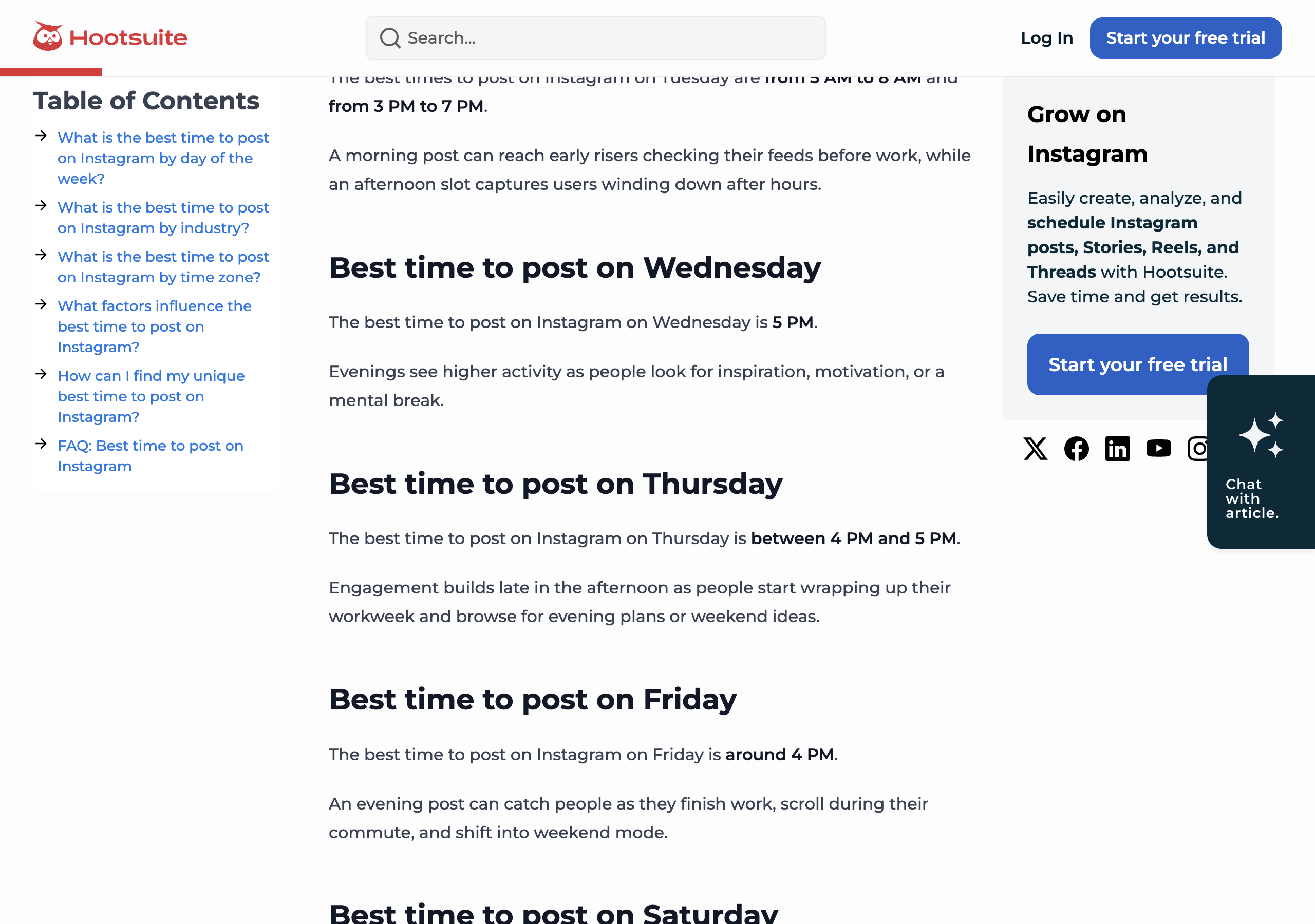 Hootsuite's Instagram timing article, section Best time to post on Wednesday: the best time to post on Instagram on Wednesday is 5 PM; evenings see higher activity as people look for inspiration, motivation, or a mental break.