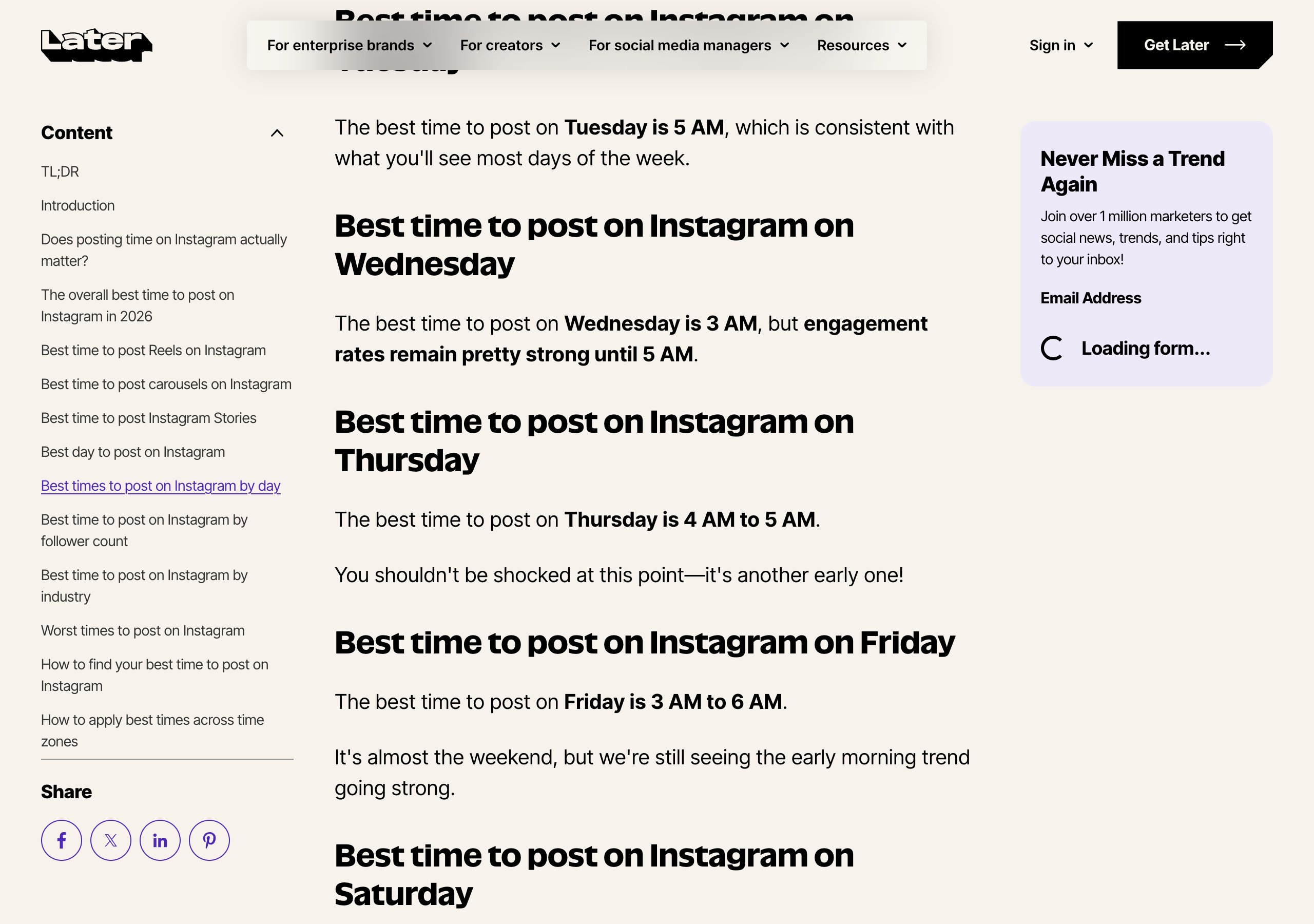 Later's Instagram timing article, section Best time to post on Instagram on Wednesday: the best time to post on Wednesday is 3 AM, but engagement rates remain pretty strong until 5 AM. Below it, Thursday is 4 AM to 5 AM and Friday is 3 AM to 6 AM.