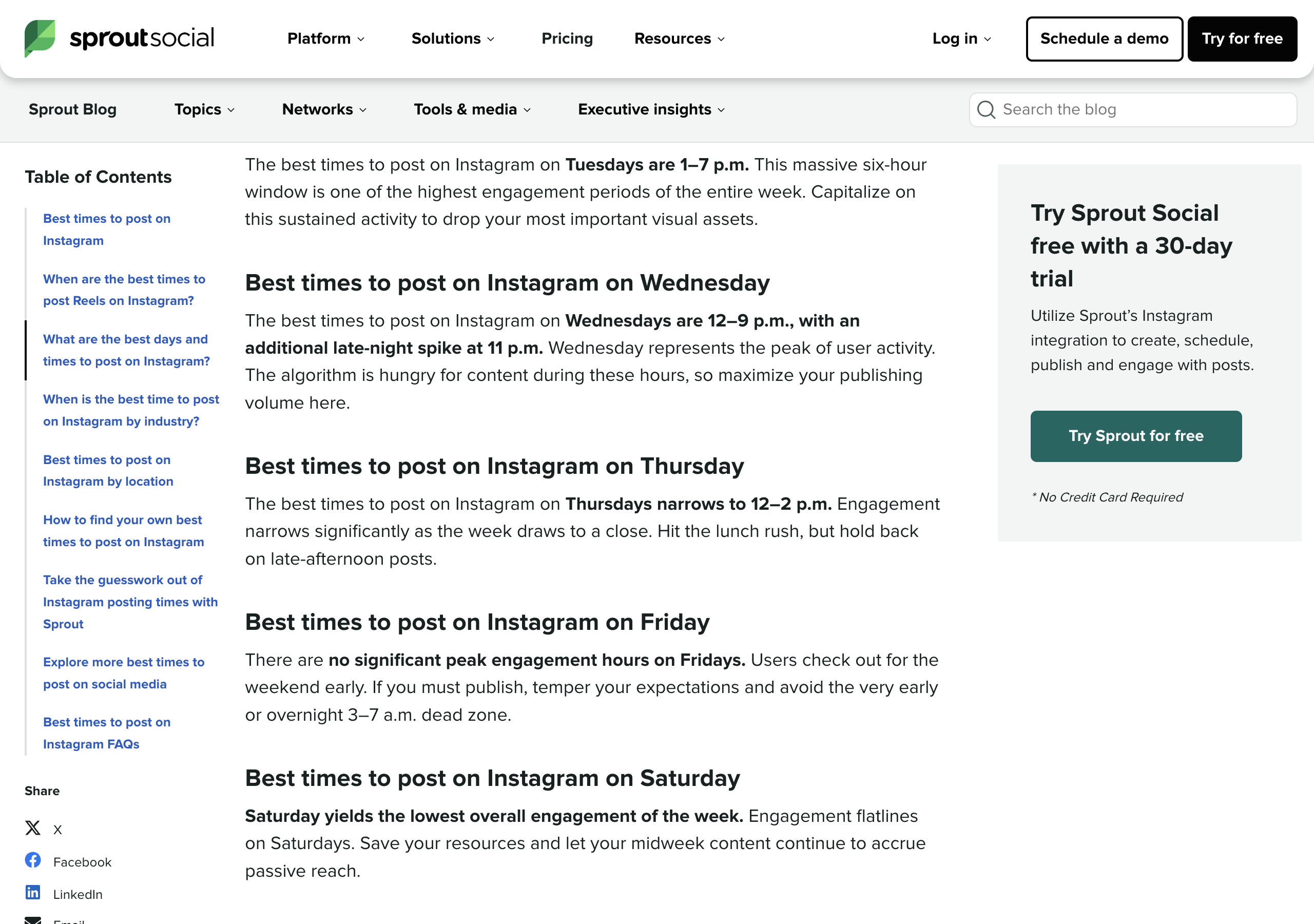 Sprout Social's Instagram timing article, section Best times to post on Instagram on Wednesday: the best times to post on Instagram on Wednesdays are 12 to 9 p.m., with an additional late-night spike at 11 p.m.; Wednesday represents the peak of user activity; the algorithm is hungry for content during these hours, so maximize your publishing volume here.