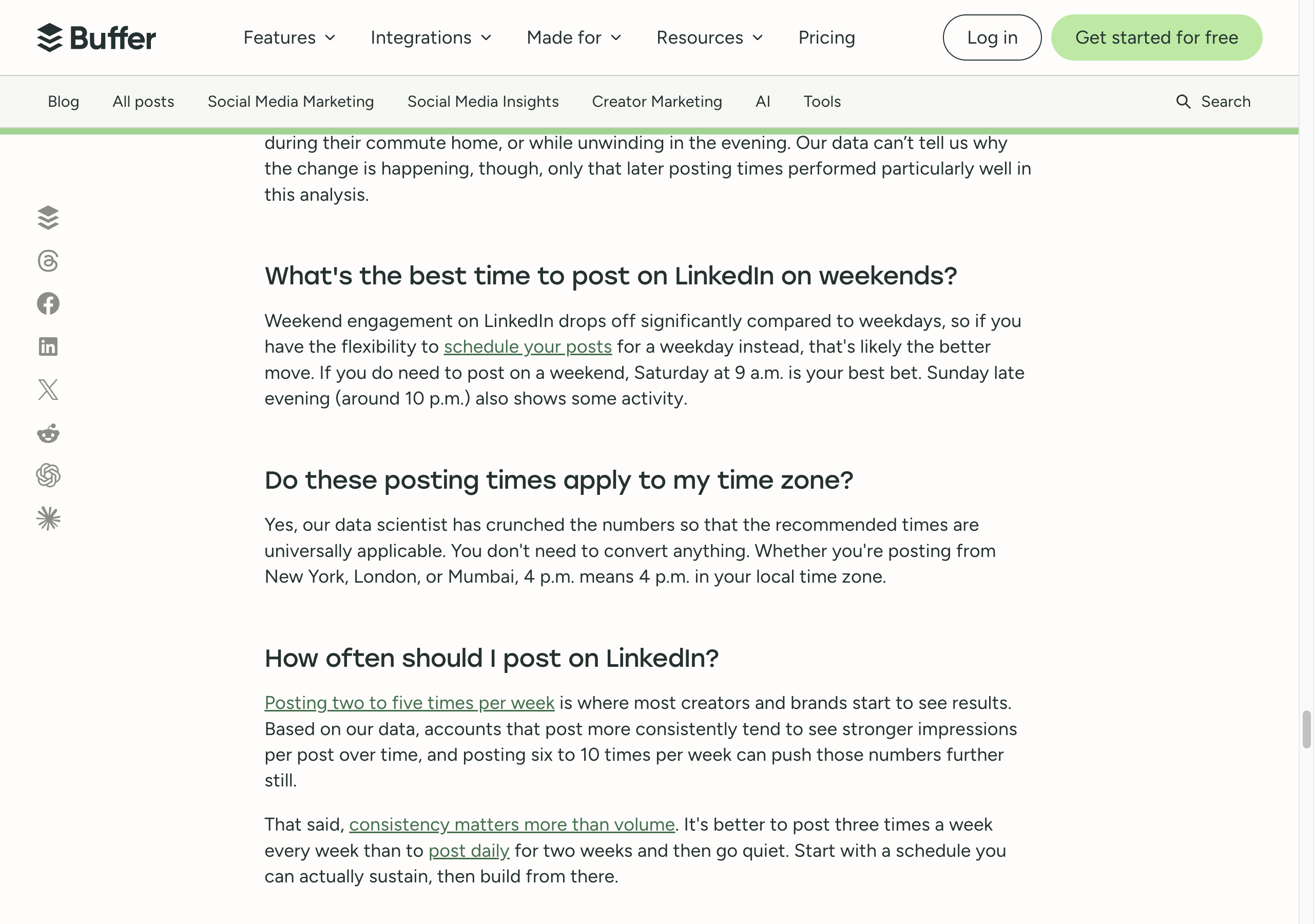 Buffer's LinkedIn timing article, section What's the best time to post on LinkedIn on weekends: weekend engagement on LinkedIn drops off significantly compared to weekdays, so if you have the flexibility to schedule your posts for a weekday instead, that's likely the better move; if you do need to post on a weekend, Saturday at 9 a.m. is your best bet, and Sunday late evening around 10 p.m. also shows some activity.
