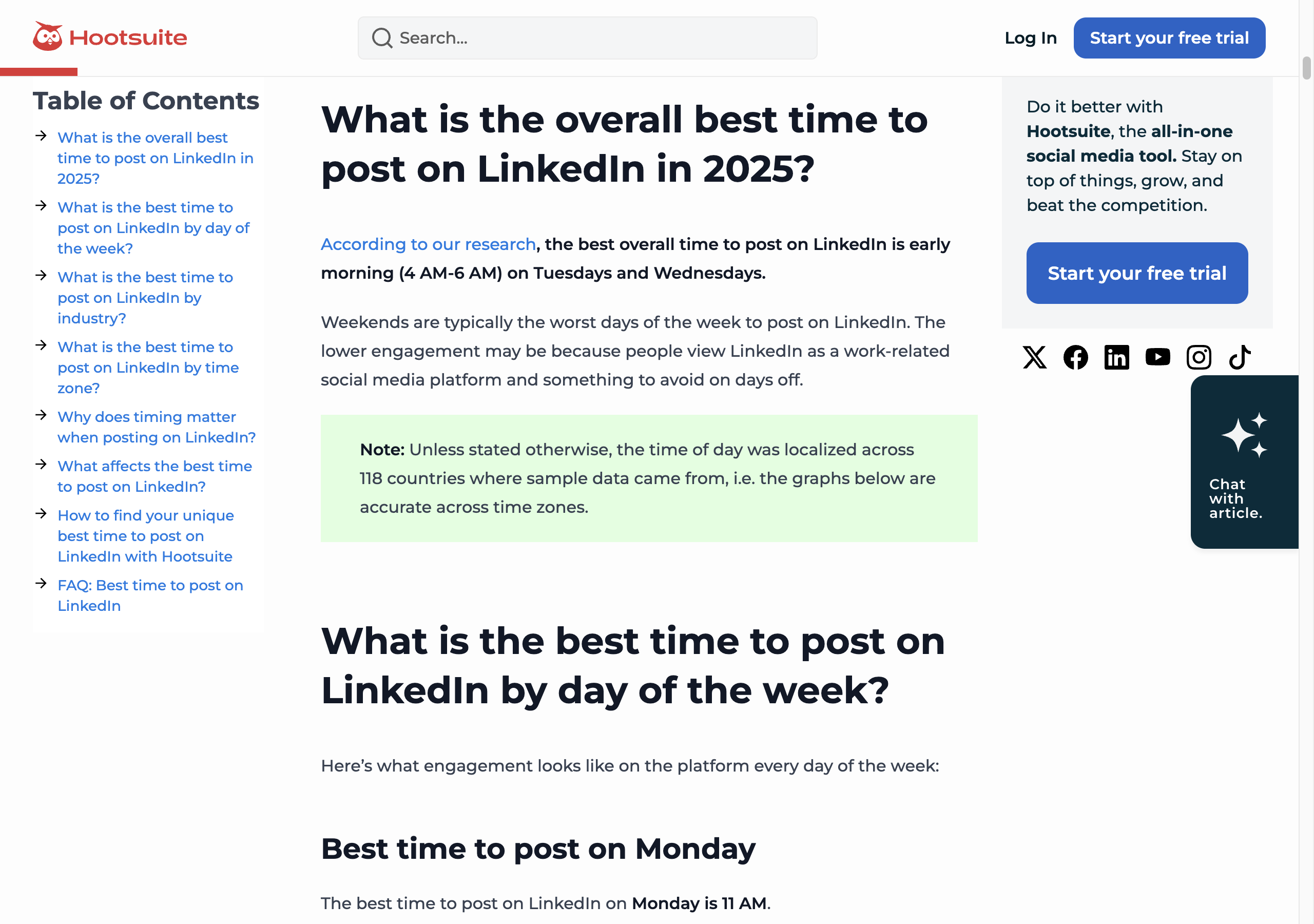 Hootsuite's LinkedIn timing article under the heading What is the overall best time to post on LinkedIn in 2025: according to our research, the best overall time to post on LinkedIn is early morning (4 AM-6 AM) on Tuesdays and Wednesdays. Weekends are typically the worst days of the week to post on LinkedIn. A note says the time of day was localized across 118 countries.