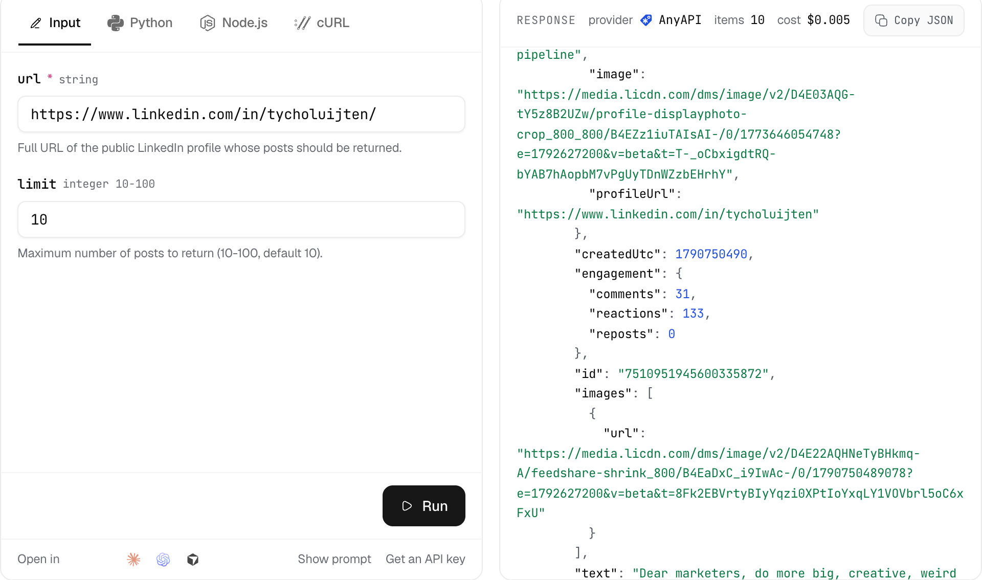 The AnyAPI playground with the LinkedIn Profile Posts (basic) endpoint: the input panel has url https://www.linkedin.com/in/tycholuijten/ and limit 10, and the response panel shows provider AnyAPI, 10 items, cost $0.005, and a post with createdUtc 1790750490, engagement comments 31, reactions 133, reposts 0, and id 7510951945600335872.