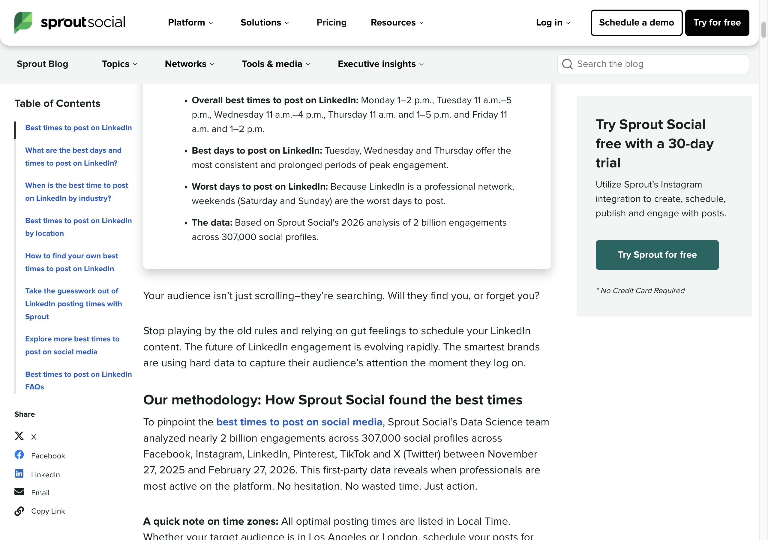 Sprout Social's LinkedIn article summary box: overall best times Monday 1-2 p.m., Tuesday 11 a.m.-5 p.m., Wednesday 11 a.m.-4 p.m., Thursday 11 a.m. and 1-5 p.m., Friday 11 a.m. and 1-2 p.m.; best days Tuesday, Wednesday and Thursday; worst days: because LinkedIn is a professional network, weekends (Saturday and Sunday) are the worst days to post; the data is Sprout Social's 2026 analysis of 2 billion engagements across 307,000 social profiles. Below, the methodology dates the data from November 27, 2025 to February 27, 2026.