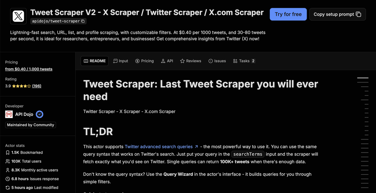 Apify's Tweet Scraper V2 actor page on October 2, 2026: from $0.40 per 1,000 tweets, rated 3.9 from 196 reviews, 103K total users and 8.3K monthly active users, by API Dojo.