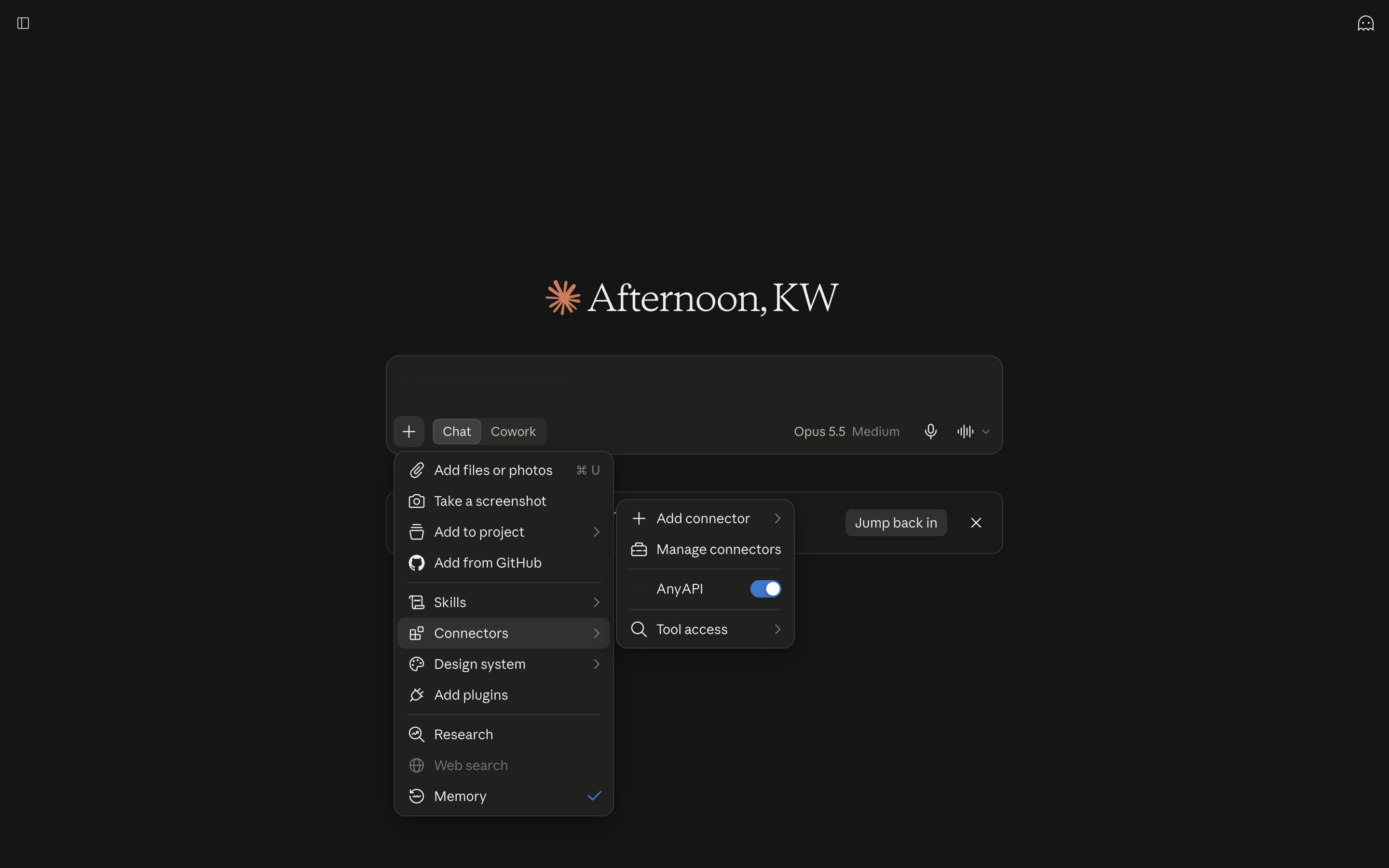 Claude's Connectors menu with AnyAPI enabled.
