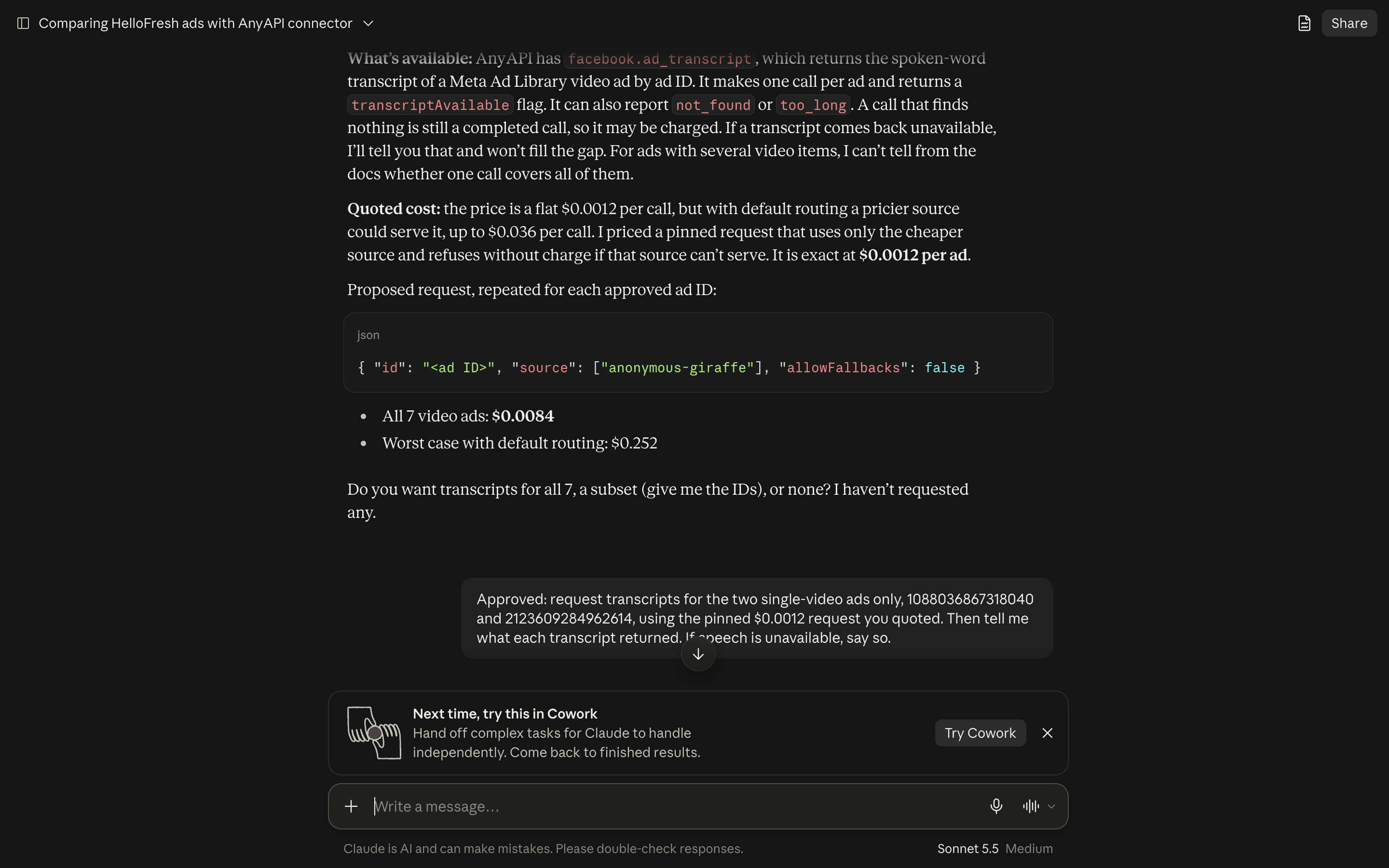 Claude quoting facebook.ad_transcript at $0.0012 per ad with a pinned source, followed by the approval for two ads.