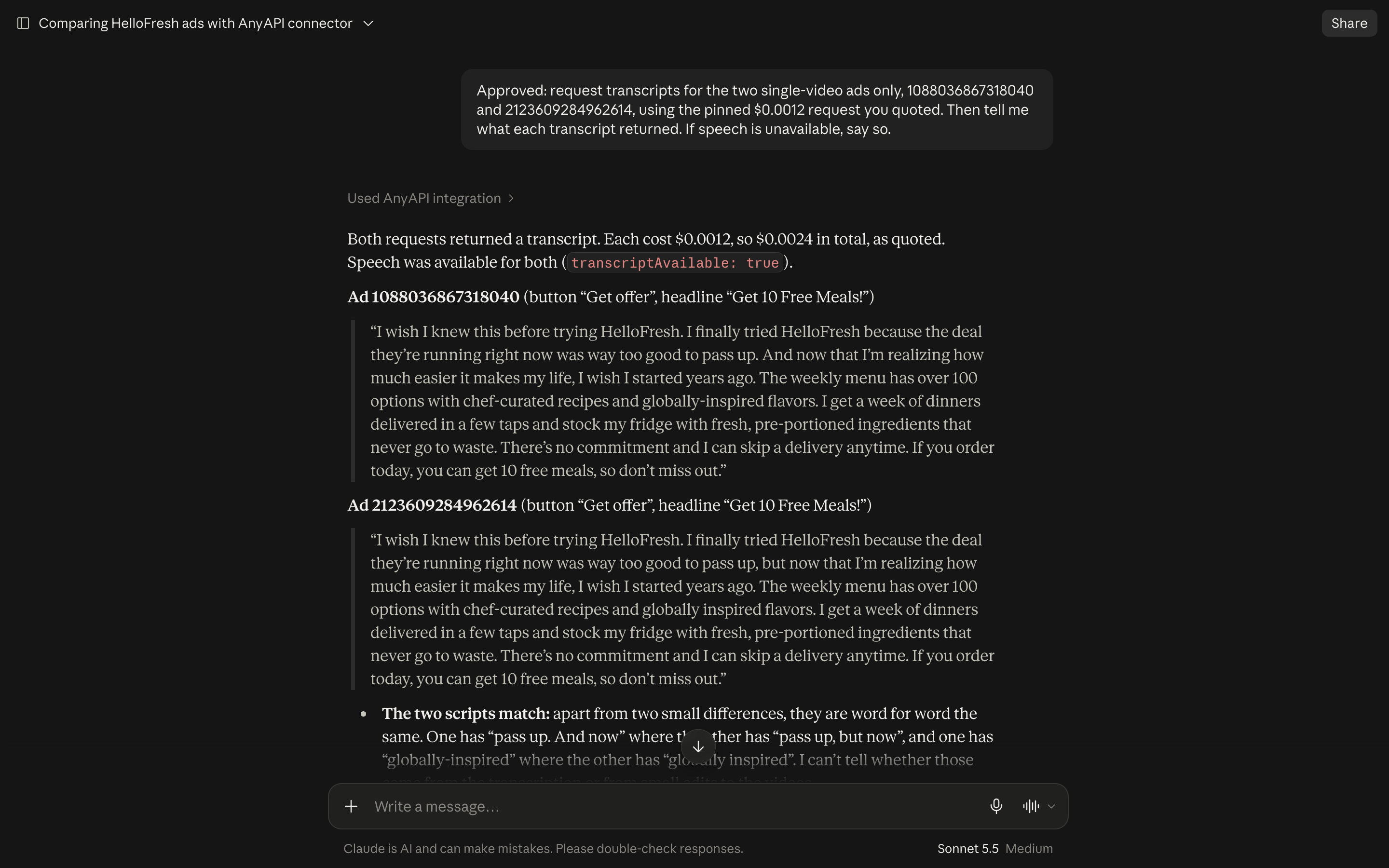 Claude showing the two returned transcripts for ads 1088036867318040 and 2123609284962614.
