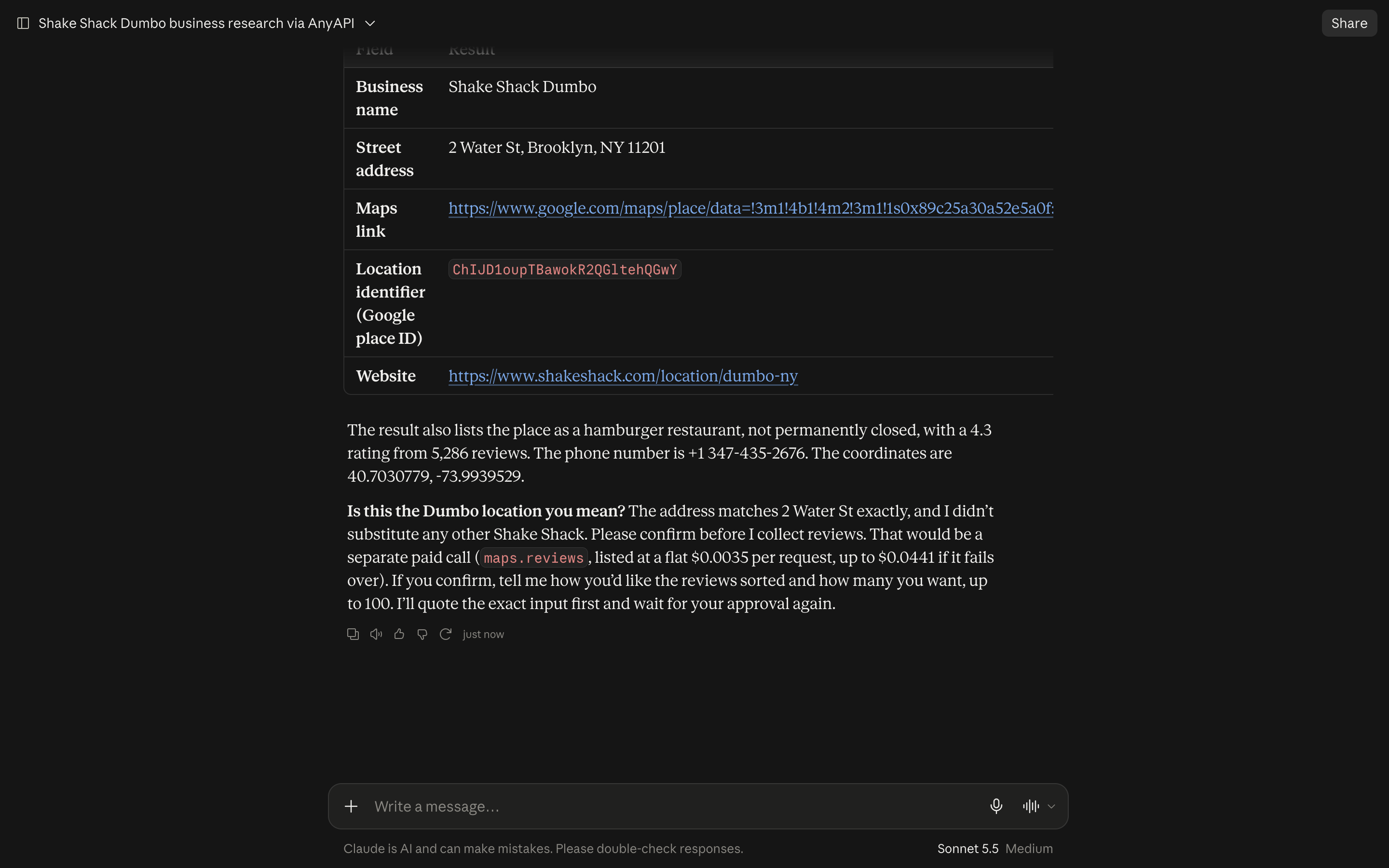 Claude showing the returned business name, street address, Maps link, place ID and website, then asking for confirmation.