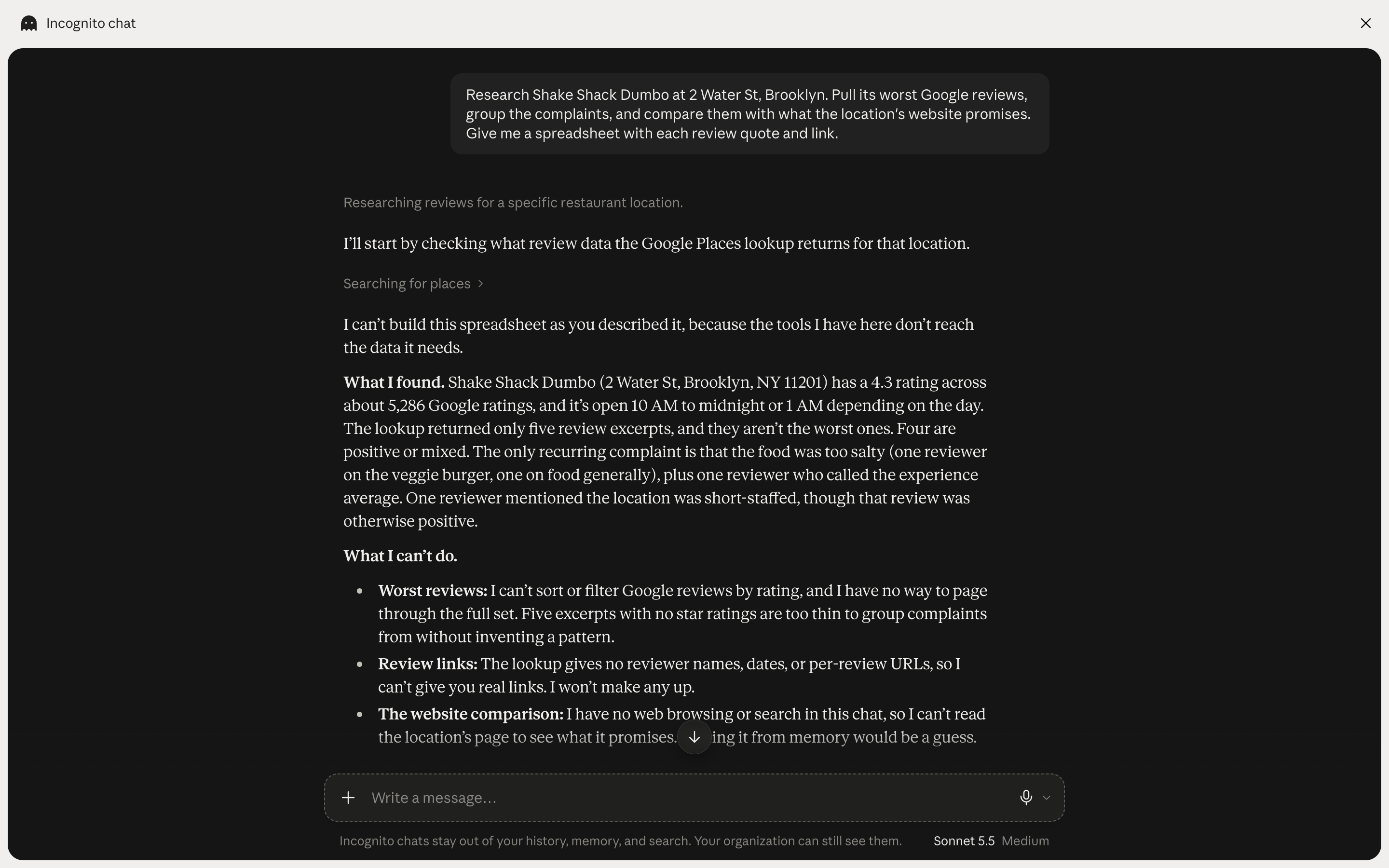 Claude reporting five review excerpts for Shake Shack Dumbo and explaining it can't sort reviews, link to them or read the website.