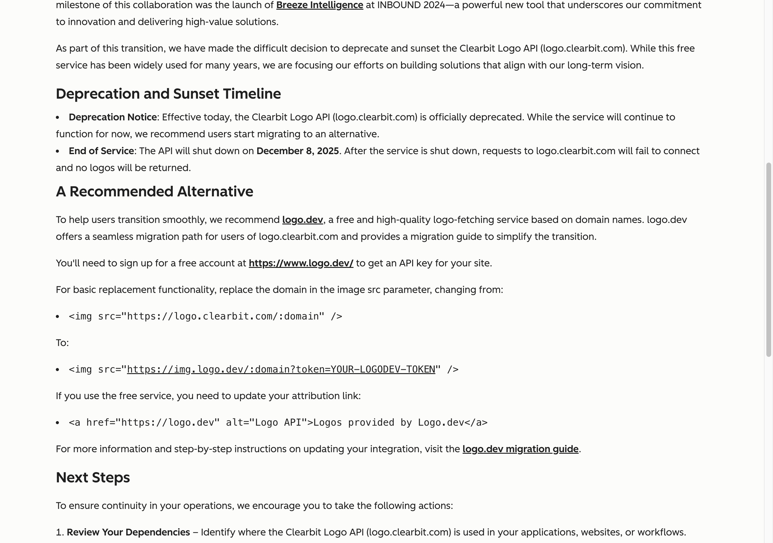HubSpot's developer changelog post on the Clearbit Logo API sunset: logo.clearbit.com is deprecated and shuts down on December 8, 2025; under A Recommended Alternative, HubSpot recommends logo.dev and shows the img tag changing from logo.clearbit.com/:domain to img.logo.dev/:domain?token=YOUR-LOGODEV-TOKEN, plus the Logos provided by Logo.dev attribution link