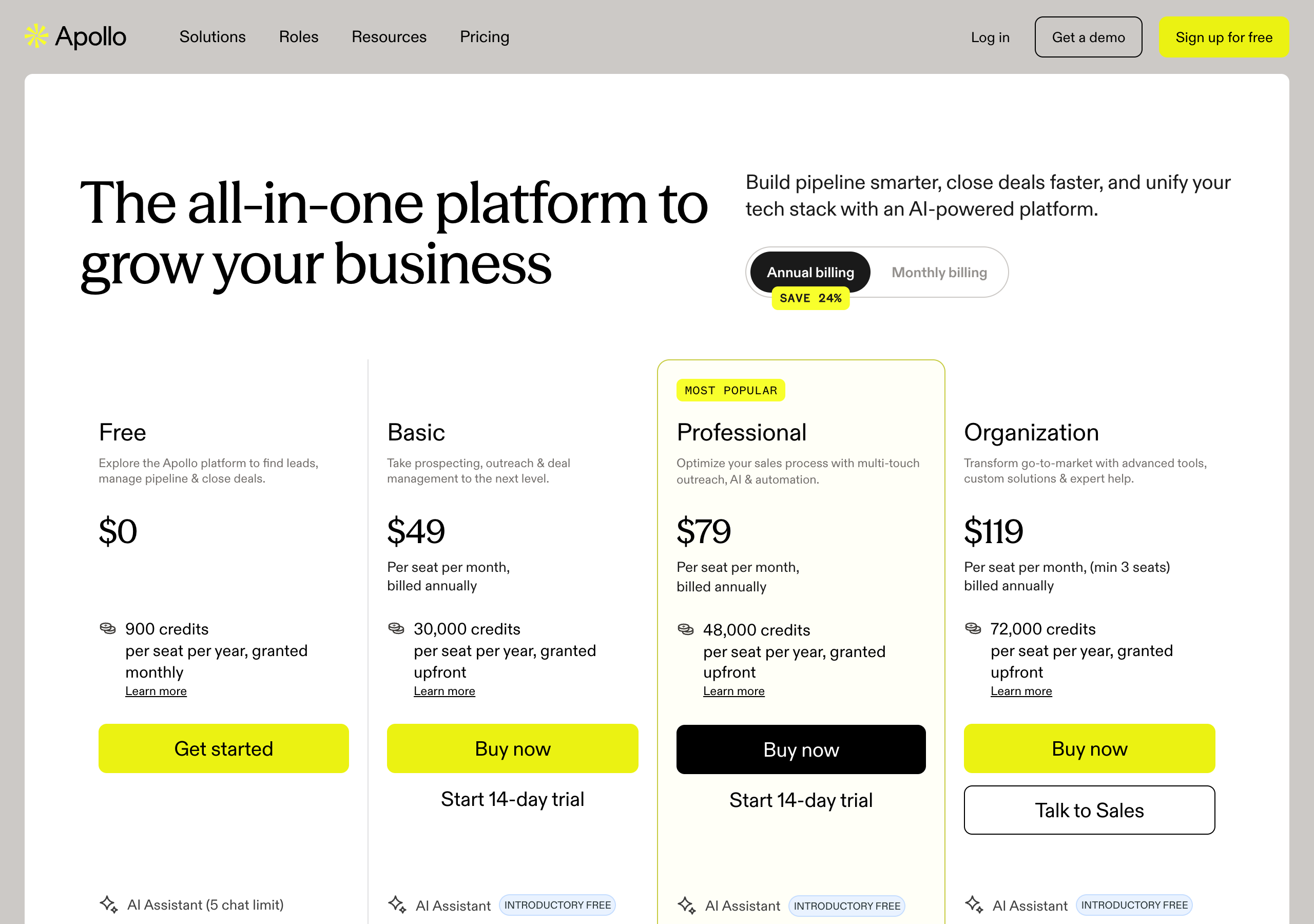 Apollo pricing page with the billing toggle set to Annual billing under a SAVE 24% badge, showing Free at $0 with 900 credits per seat per year and Basic at $49 per seat per month billed annually with 30,000 credits