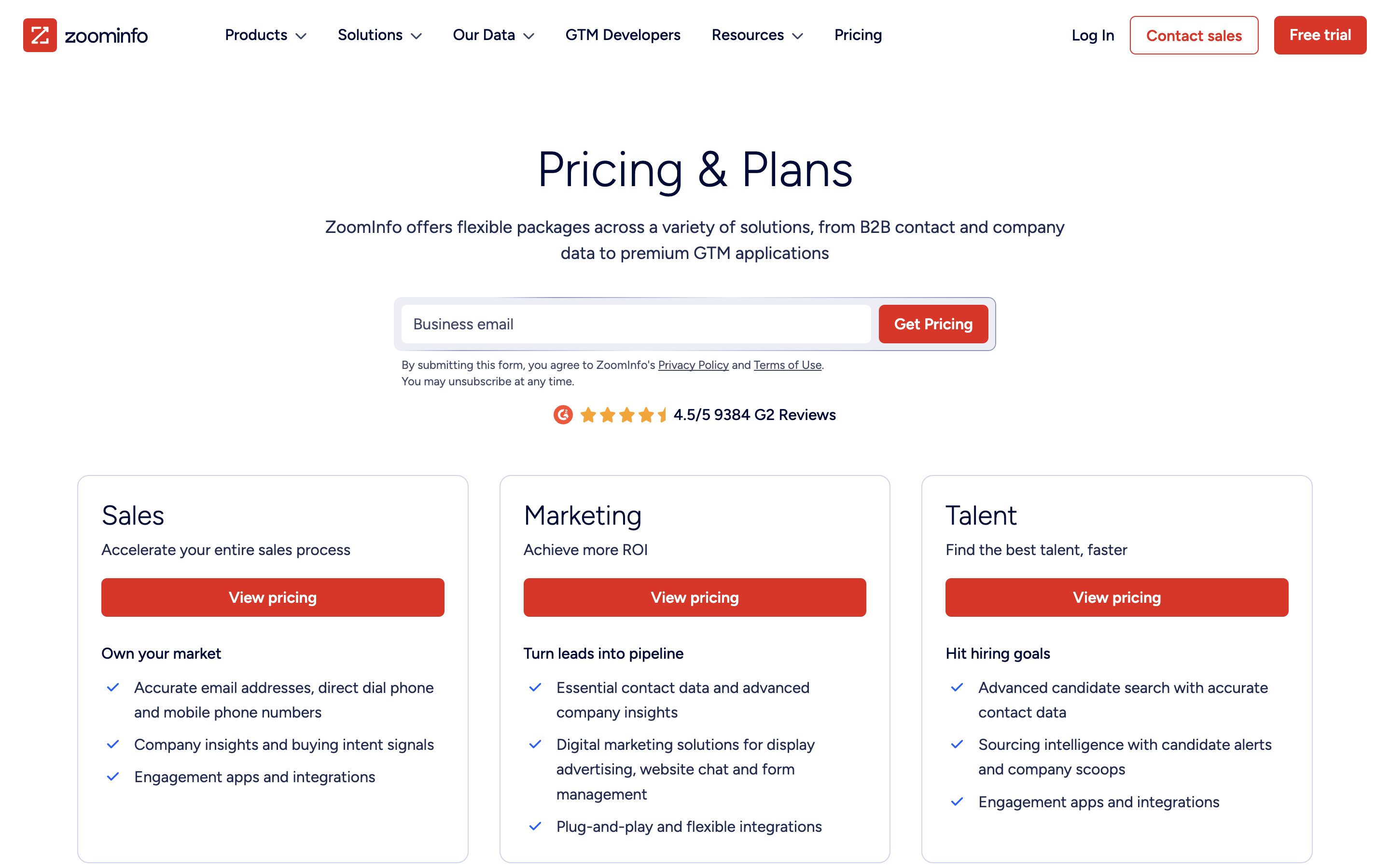 The ZoomInfo Pricing and Plans page, showing a Business email field with a Get Pricing button and Sales, Marketing and Talent package cards, none of which carry a price