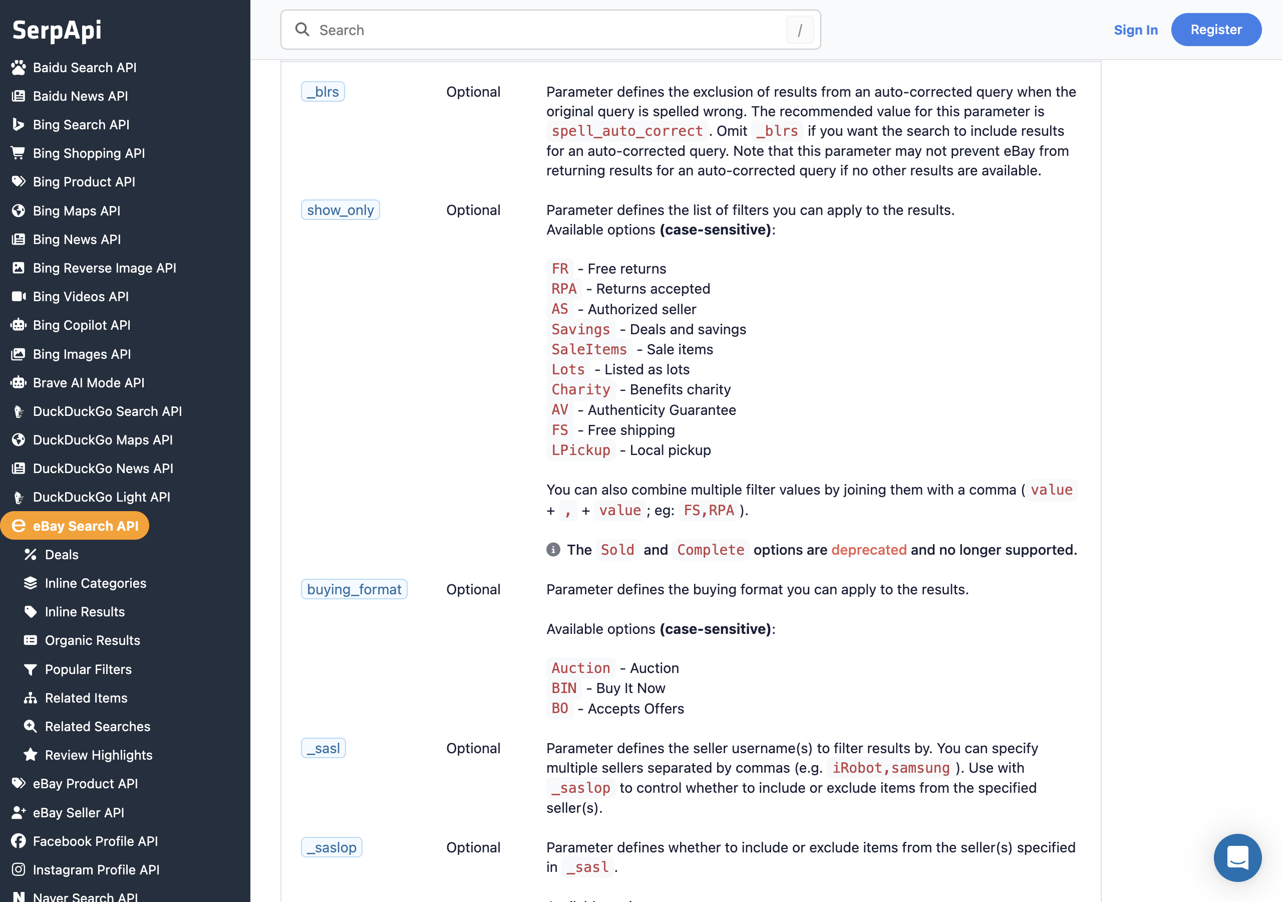 SerpApi's eBay Search API docs, the show_only parameter: available options are free returns, returns accepted, authorized seller, deals and savings, sale items, lots, charity, authenticity guarantee, free shipping, and local pickup. A note reads: The Sold and Complete options are deprecated and no longer supported
