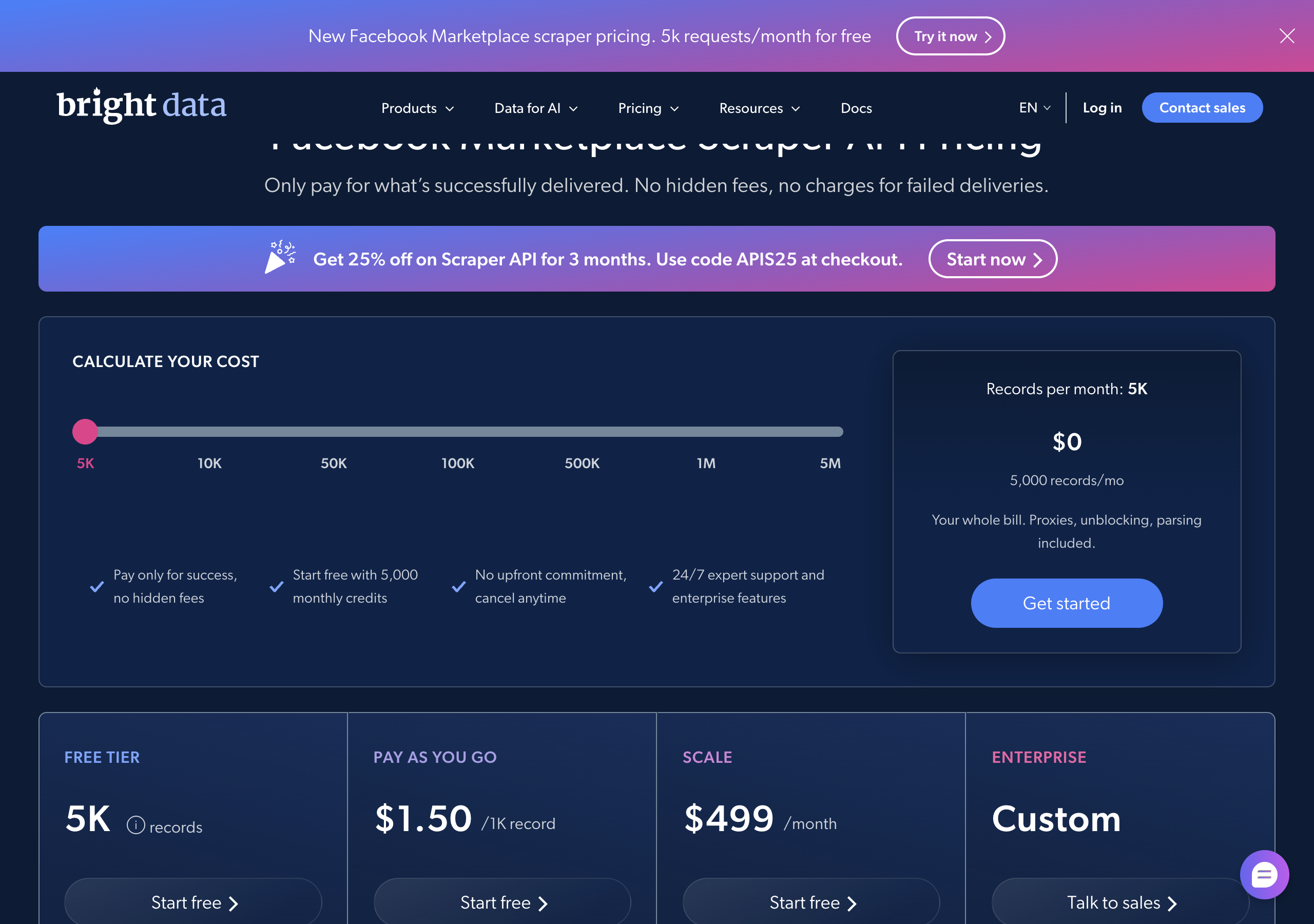 Bright Data's Facebook Marketplace Scraper API pricing: a banner reading New Facebook Marketplace scraper pricing, 5k requests a month for free; a cost calculator at 5,000 records a month for $0; plans Free tier 5K records, Pay as you go $1.50 per 1K record, Scale $499 a month, Enterprise custom