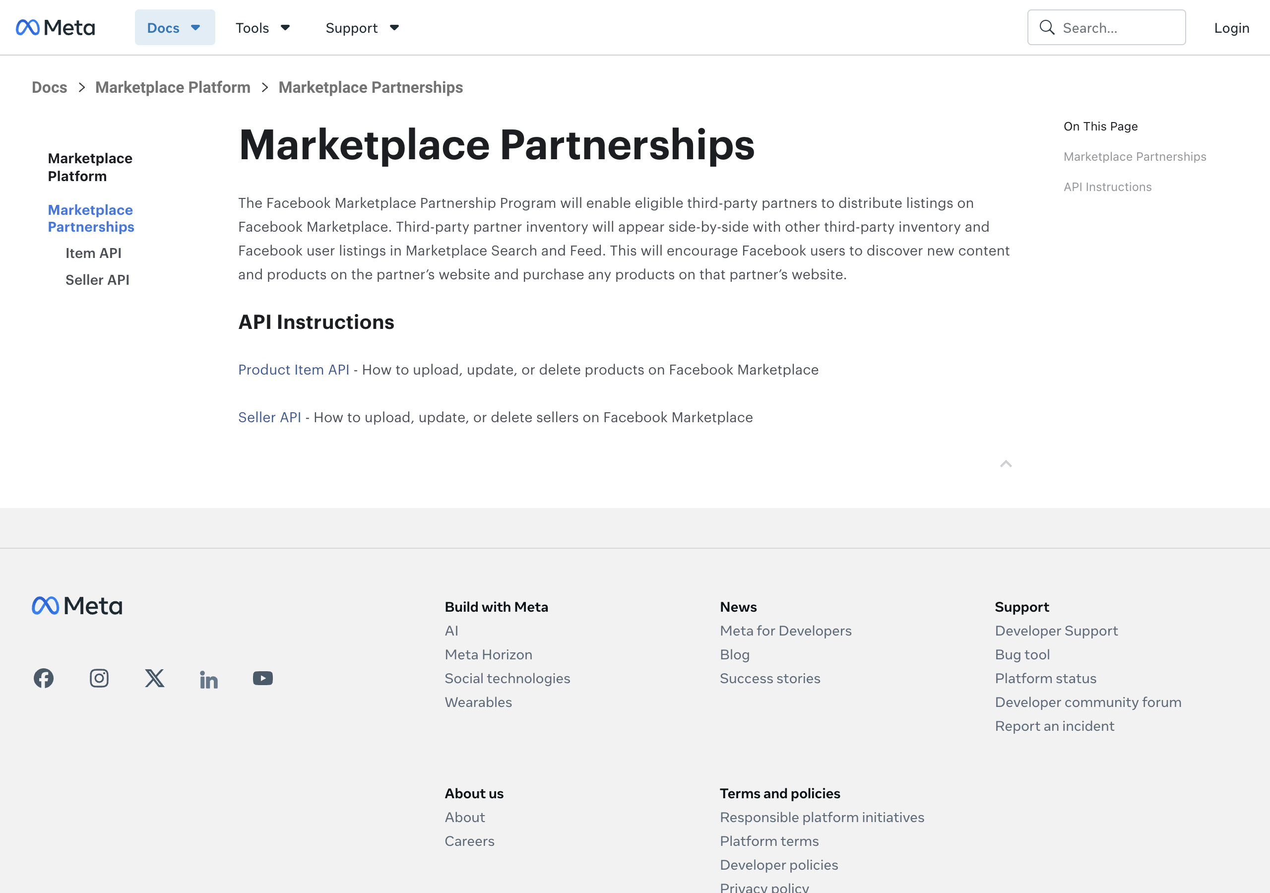 Meta for Developers, Marketplace Partnerships page: The Facebook Marketplace Partnership Program will enable eligible third-party partners to distribute listings on Facebook Marketplace. API Instructions: Product Item API, how to upload, update, or delete products on Facebook Marketplace; Seller API, how to upload, update, or delete sellers on Facebook Marketplace