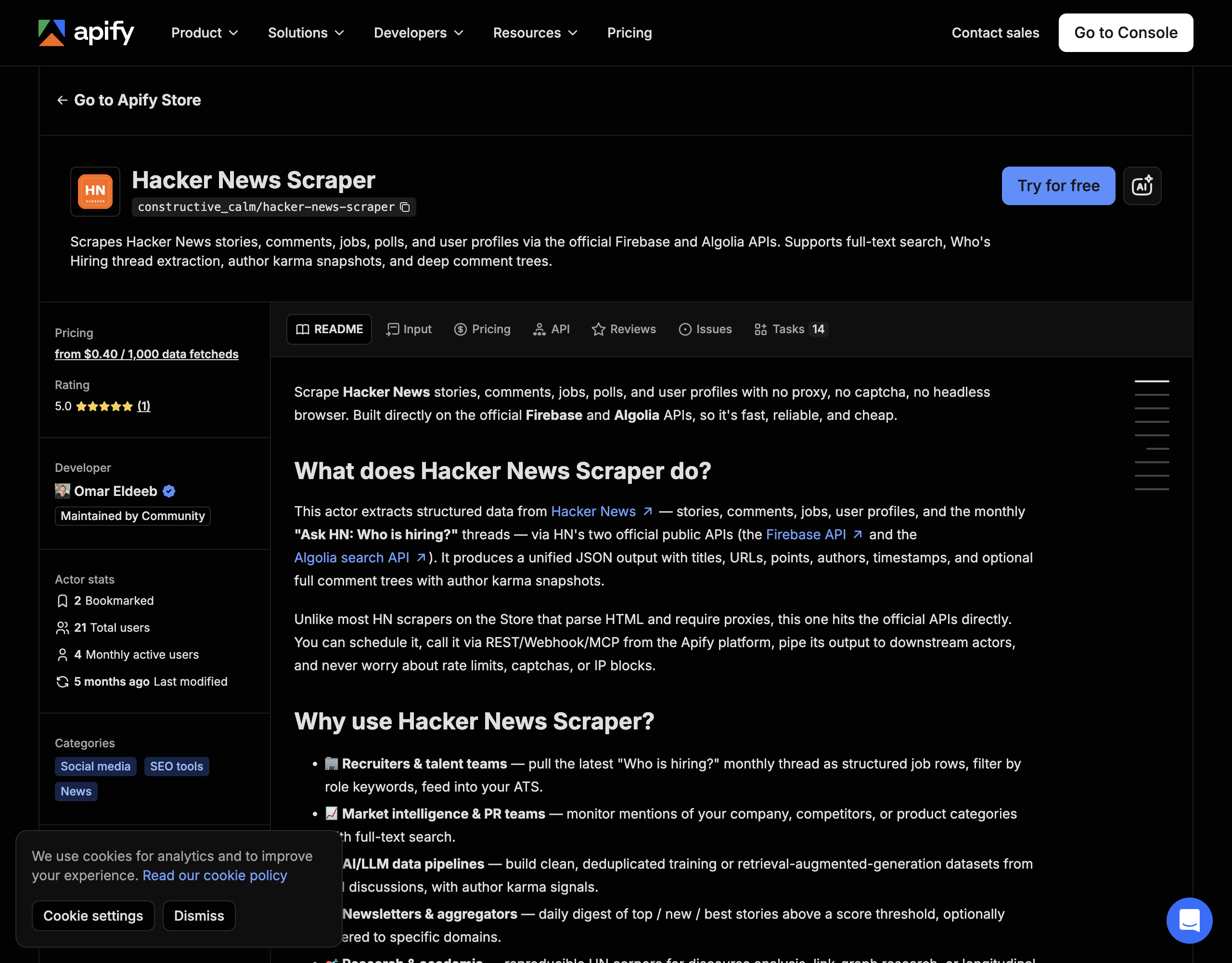 The Apify Hacker News Scraper actor page, sold pay per event with story, comment, and profile events