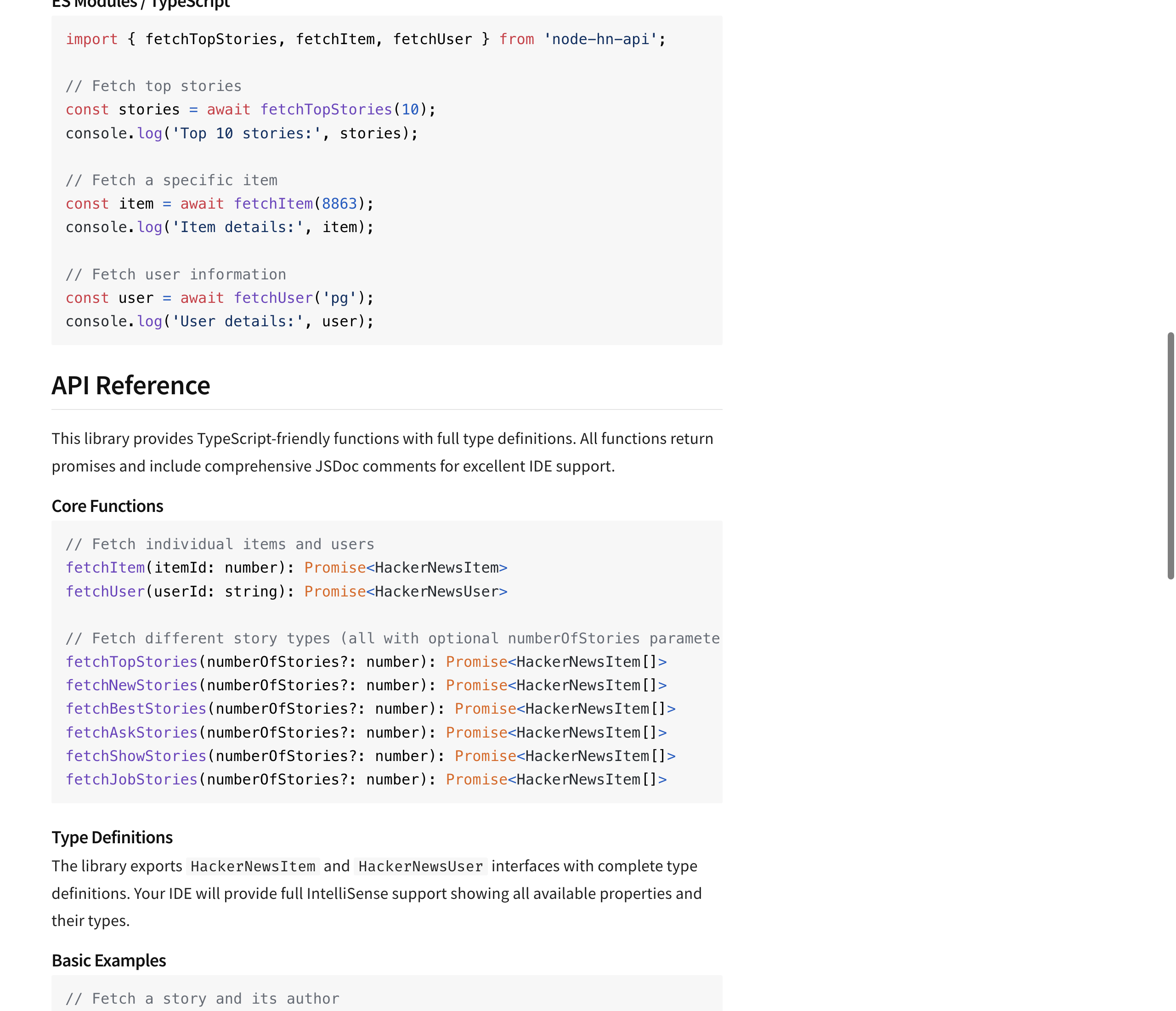 The node-hn-api package page's Core Functions reference lists eight functions: fetchItem, fetchUser, and six story list fetchers, with no search or comment thread function