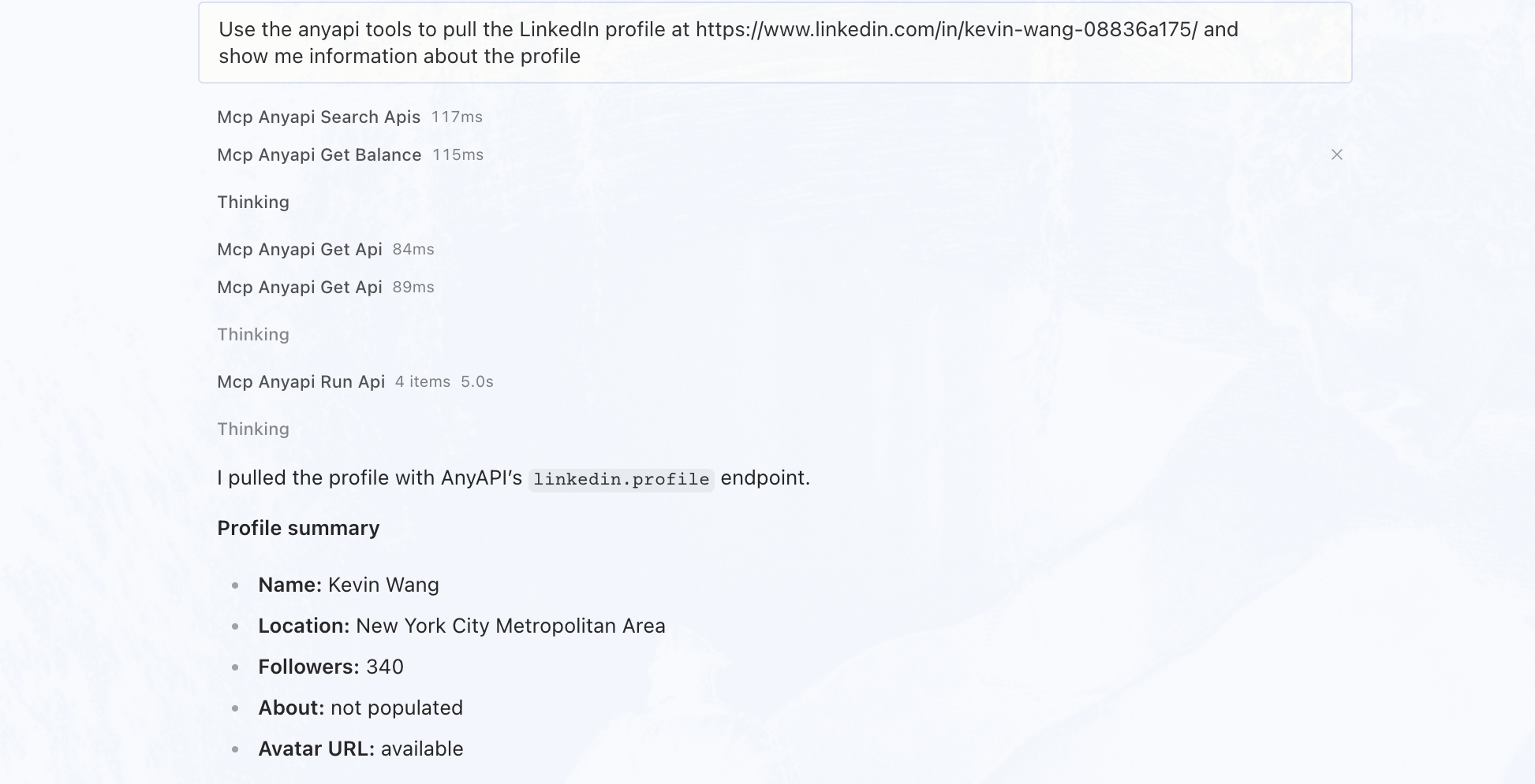 An MCP agent calling the AnyAPI tools: search_apis to find the endpoint, then run_api with linkedin.profile, returning a structured LinkedIn record.