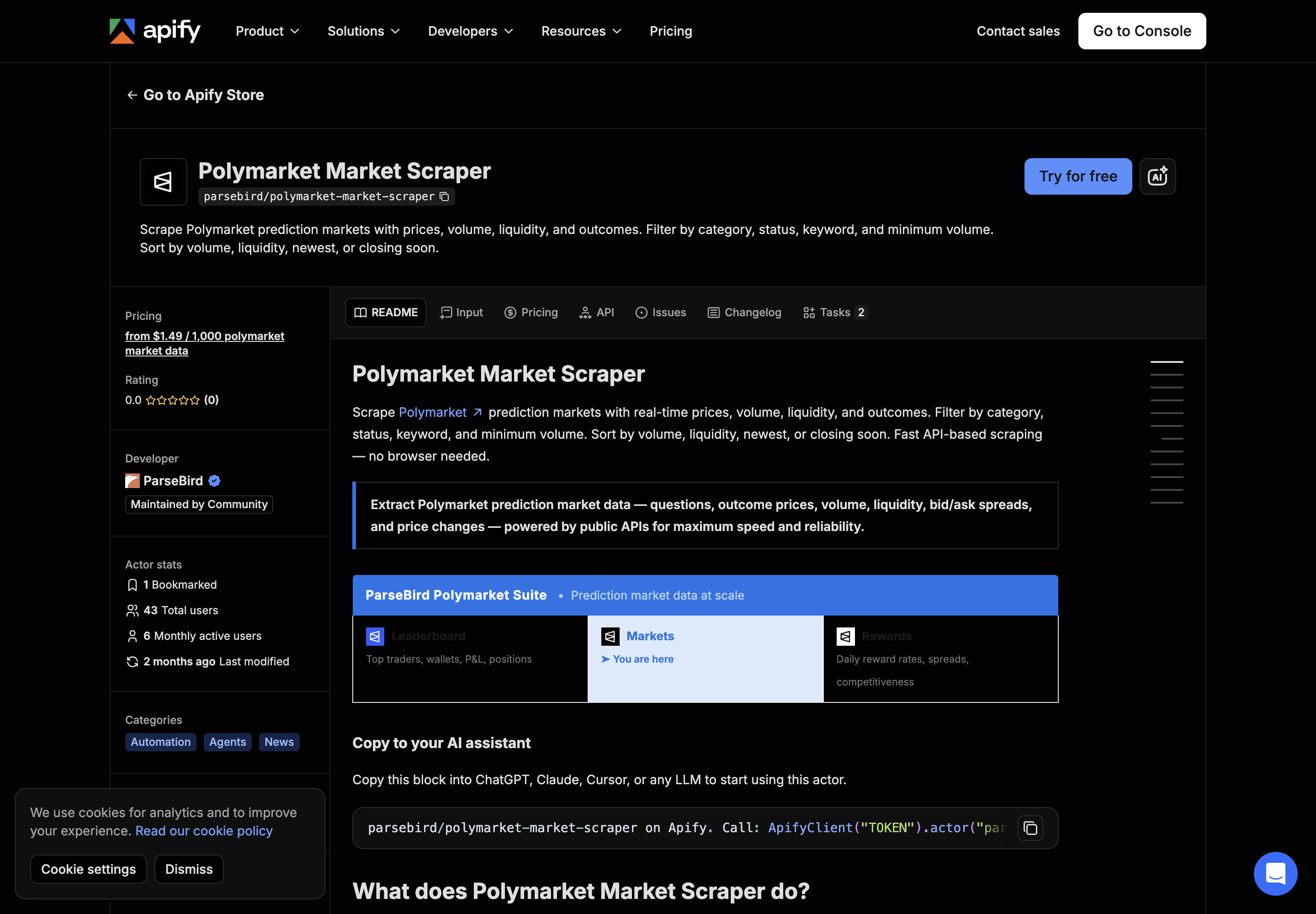 The Apify actor lists its per-record price and keyword, status, volume, and sort controls for Polymarket market rows
