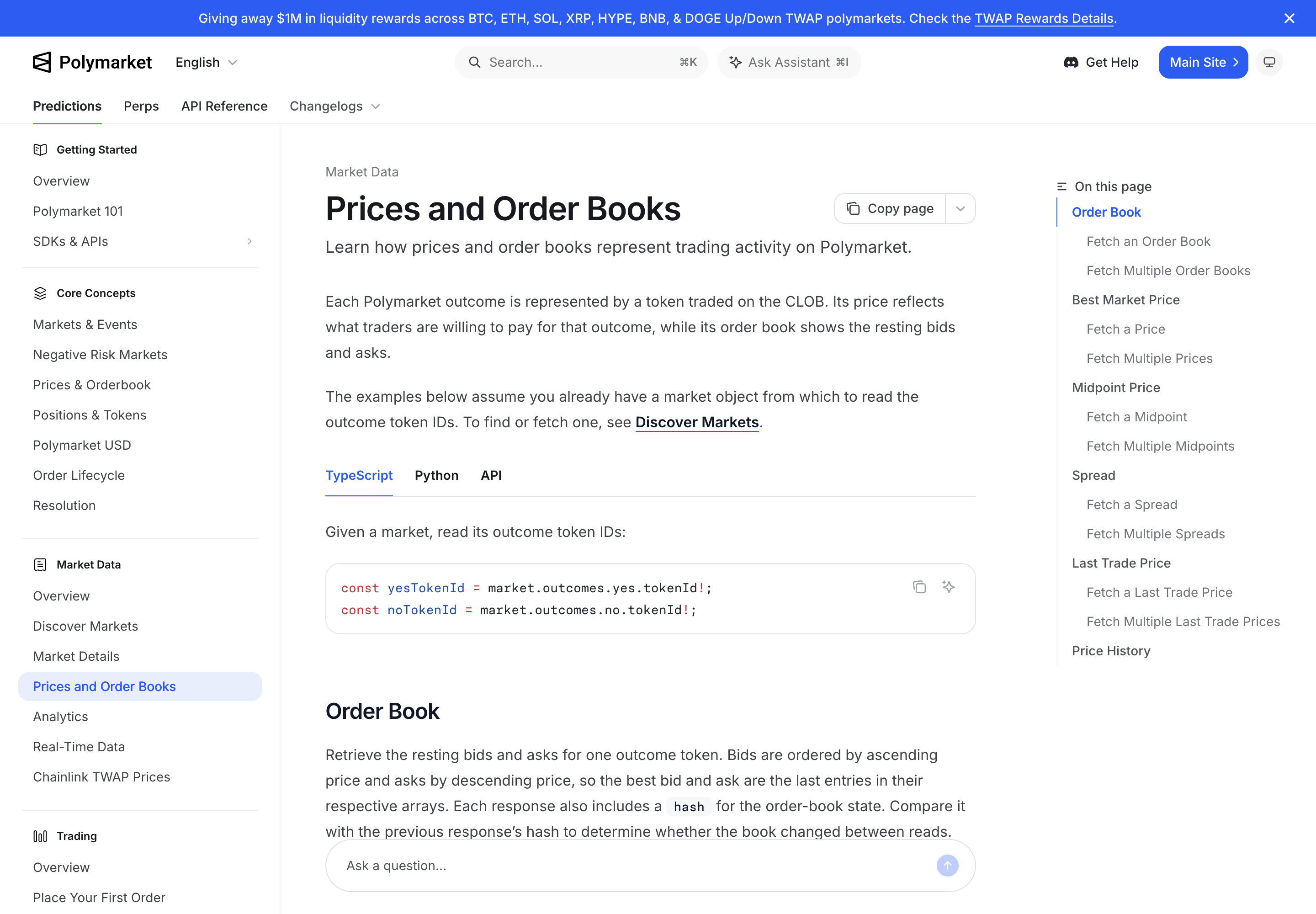 Polymarket's price and order-book documentation shows that CLOB reads start from an outcome token ID