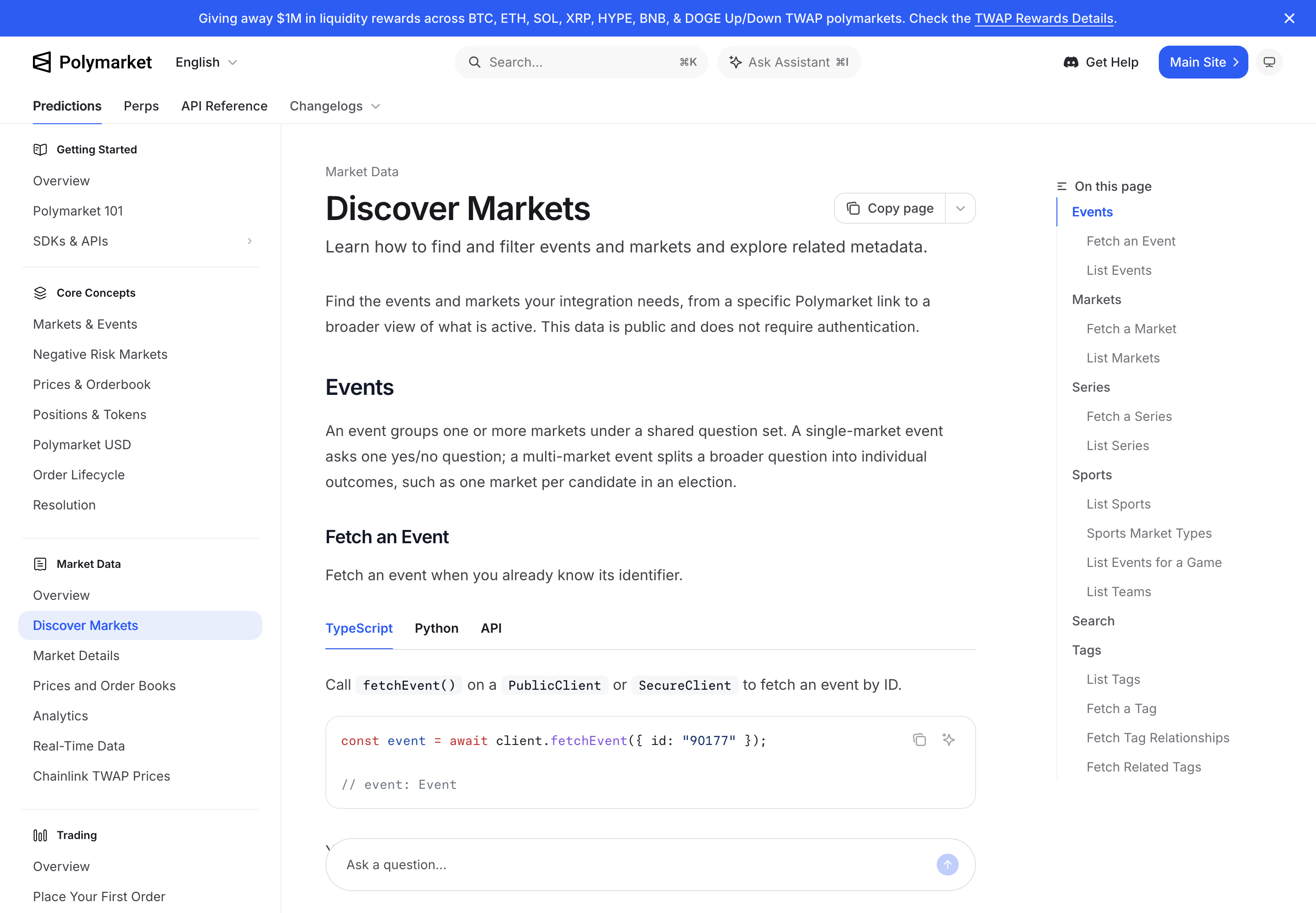 Polymarket's market discovery documentation for finding events and markets