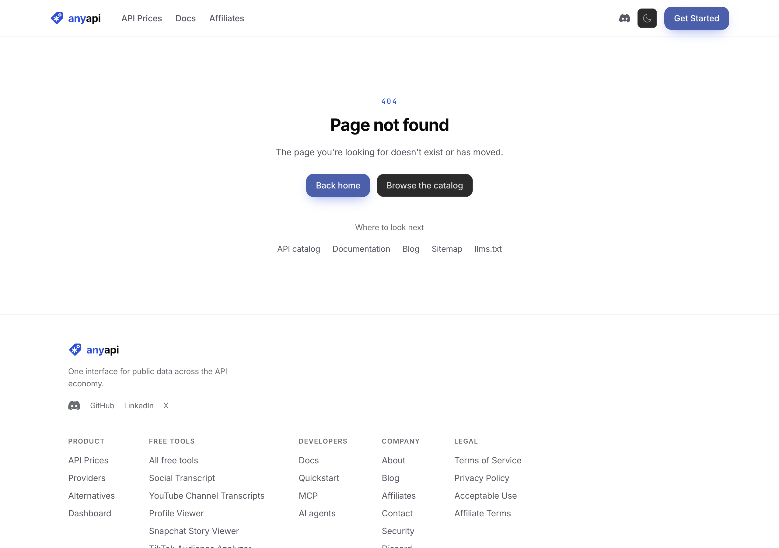AnyAPI's Google Search page showing the request input, normalized result contract, and USD price