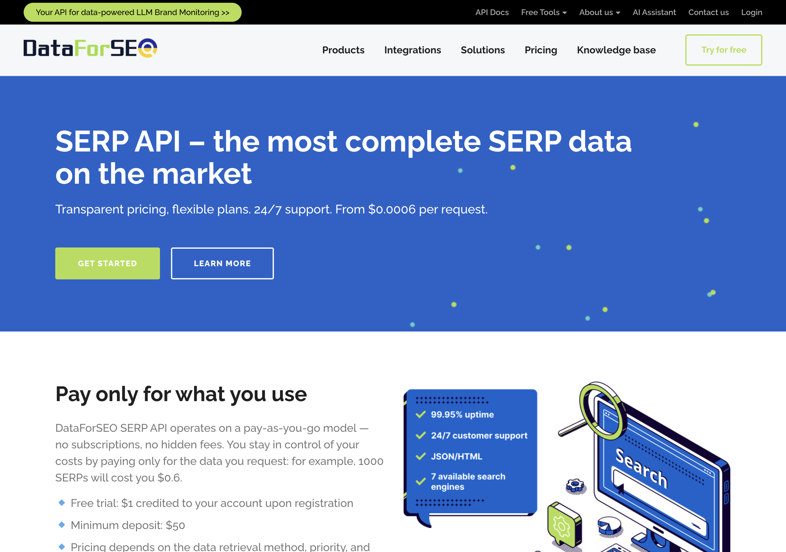 DataForSEO's SERP pricing page showing queued and live retrieval modes