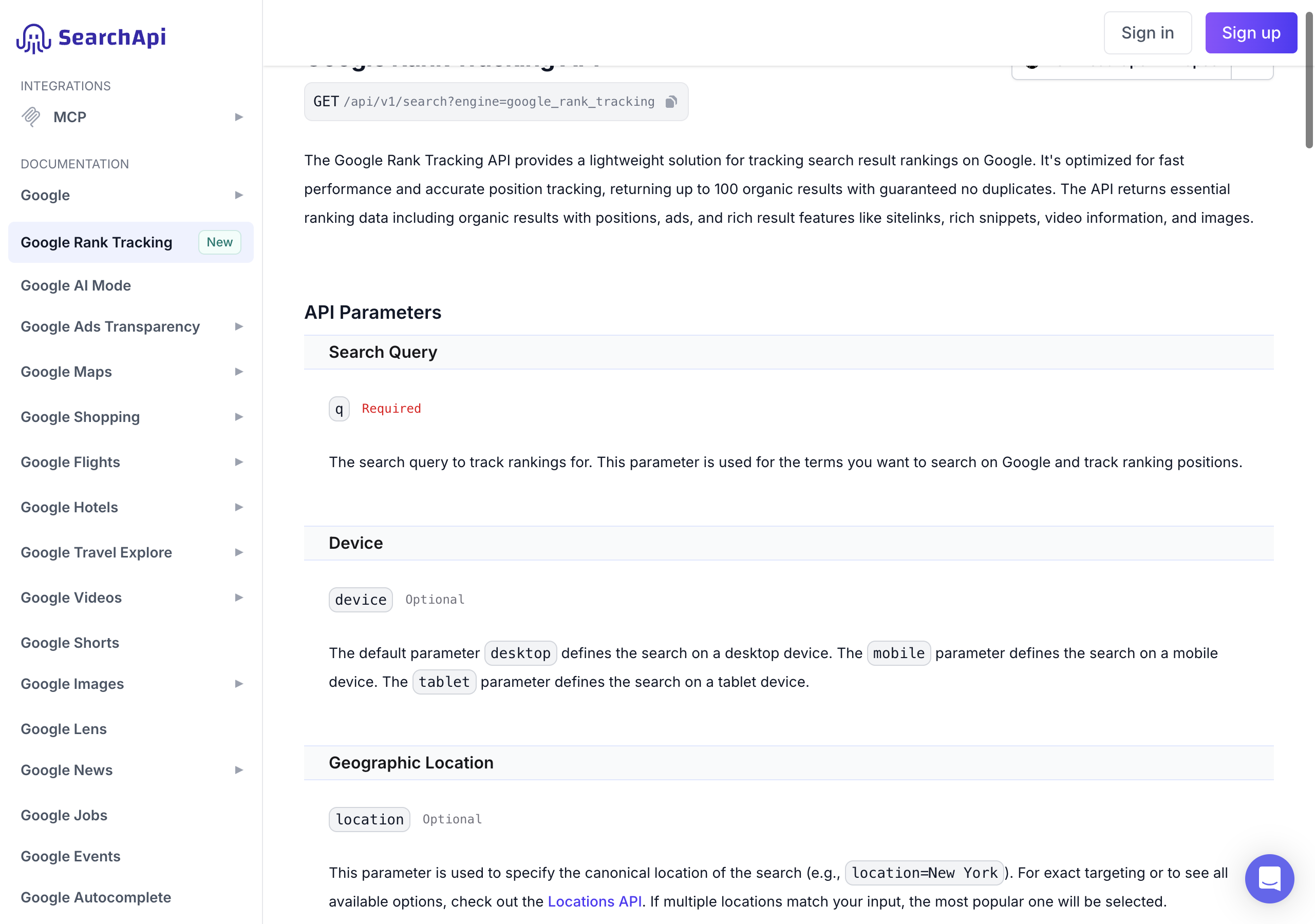 SearchApi.io's rank tracking documentation showing the dedicated engine and deeper position controls
